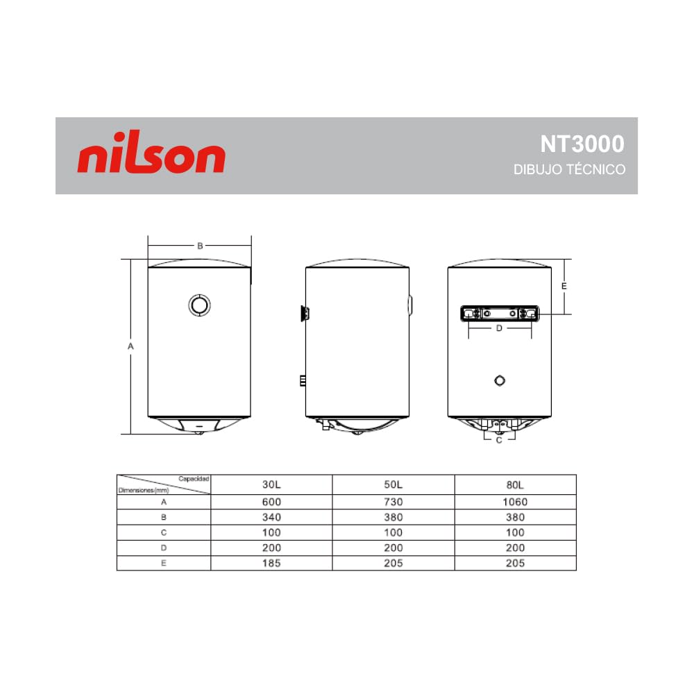 Nilson Termo Eléctrico Vertical 50 L NT5000. Instalación Vertical, 1500W, Incluye Kit de Montaje, Resistencia de Acero Inoxidable, Blanco, Eficiencia Energética Clase C