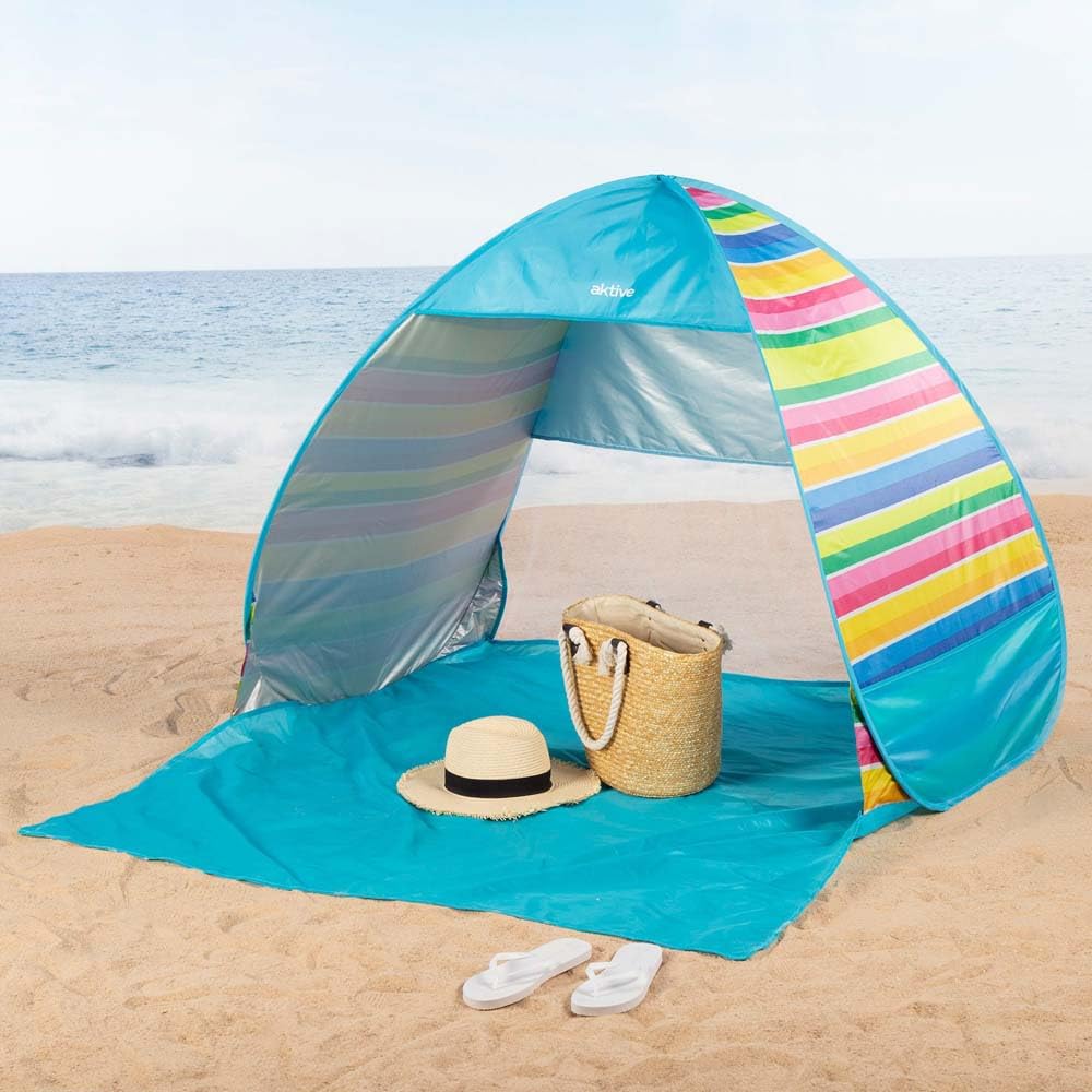 AKTIVE Tienda Playa, Pop up, 140 x 160 x 110 cm, 2 Personas, Protección UV50, Mosquitera Trasera, Columna Agua 300 mm, Poliéster, Bolsa de Transporte, Carpas Plegables (62378)