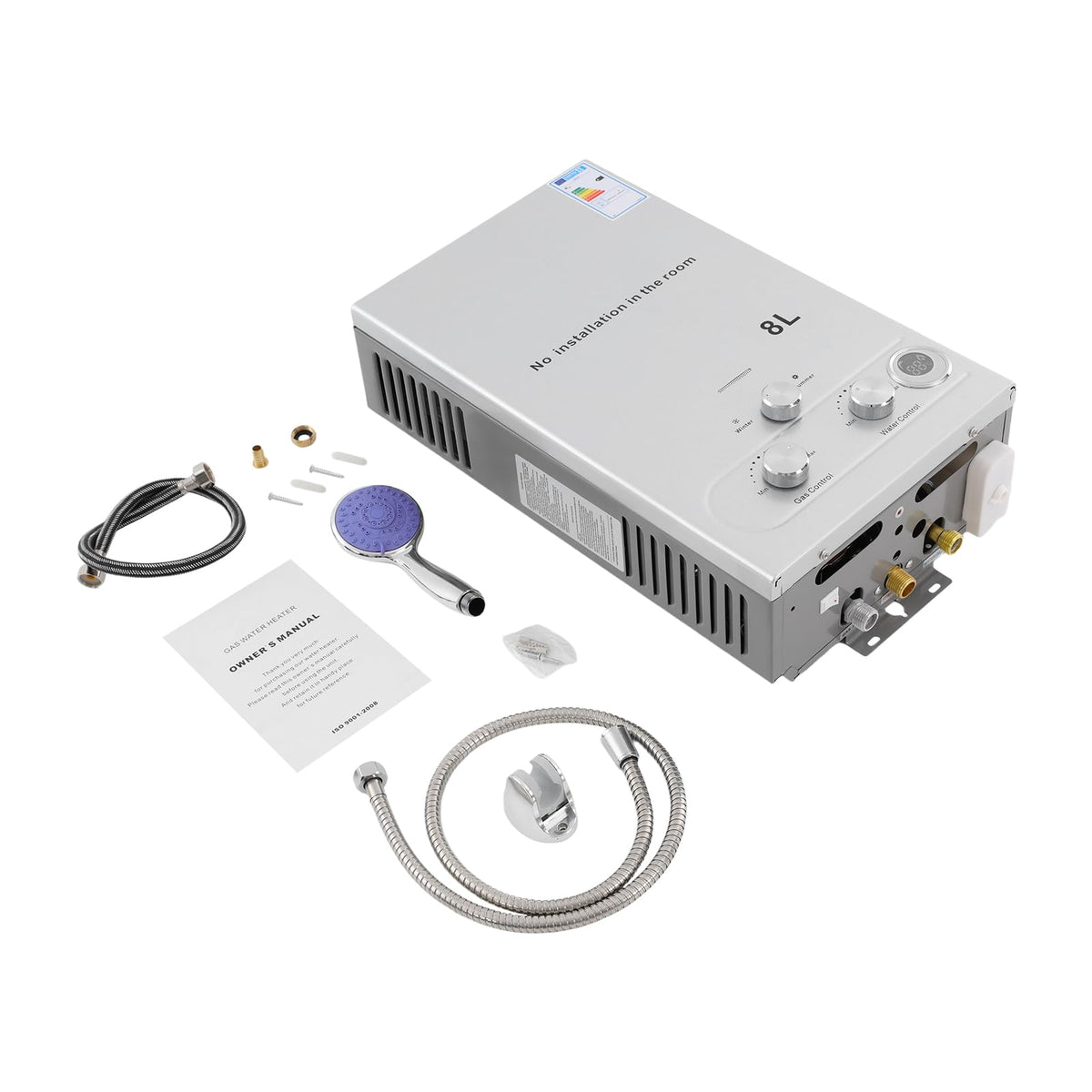 Calentador de agua instantáneo GPL, 16 kW, capacidad 8 l, agua caliente instantánea con alcachofa de ducha y tubo, calentador de agua móvil a gas, para camping, caravana y jardín, alta eficiencia (≥