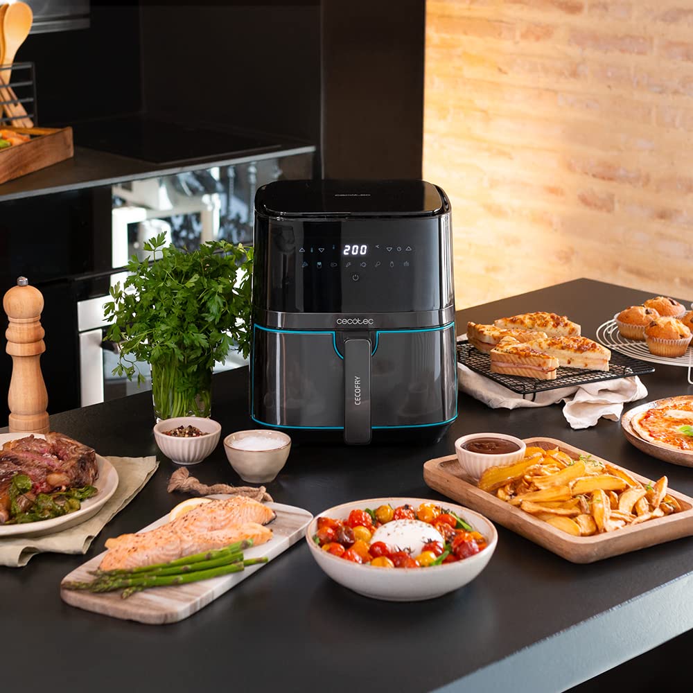 Cecotec Freidora sin Aceite de 5,5 L de Aire Caliente Cecofry Full InoxBlack 5500 Pro. 1700 W, Dietética y Digital, Panel Táctil, Acabados en Acero Inox, Tecnología PerfectCook, Termostato, 8 Modos