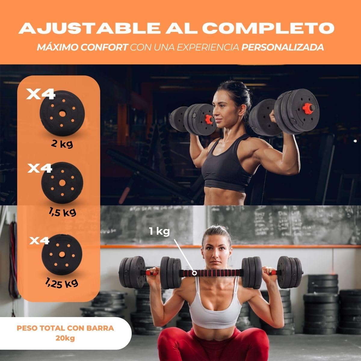 Mobiclinic® fitness, Mancuernas ajustables, 2 en 1, Extenfit, Peso de 2-20 kg, Incluye y barra extensión acolchada, Tuercas antideslizantes, Acero resistente, Gym casa