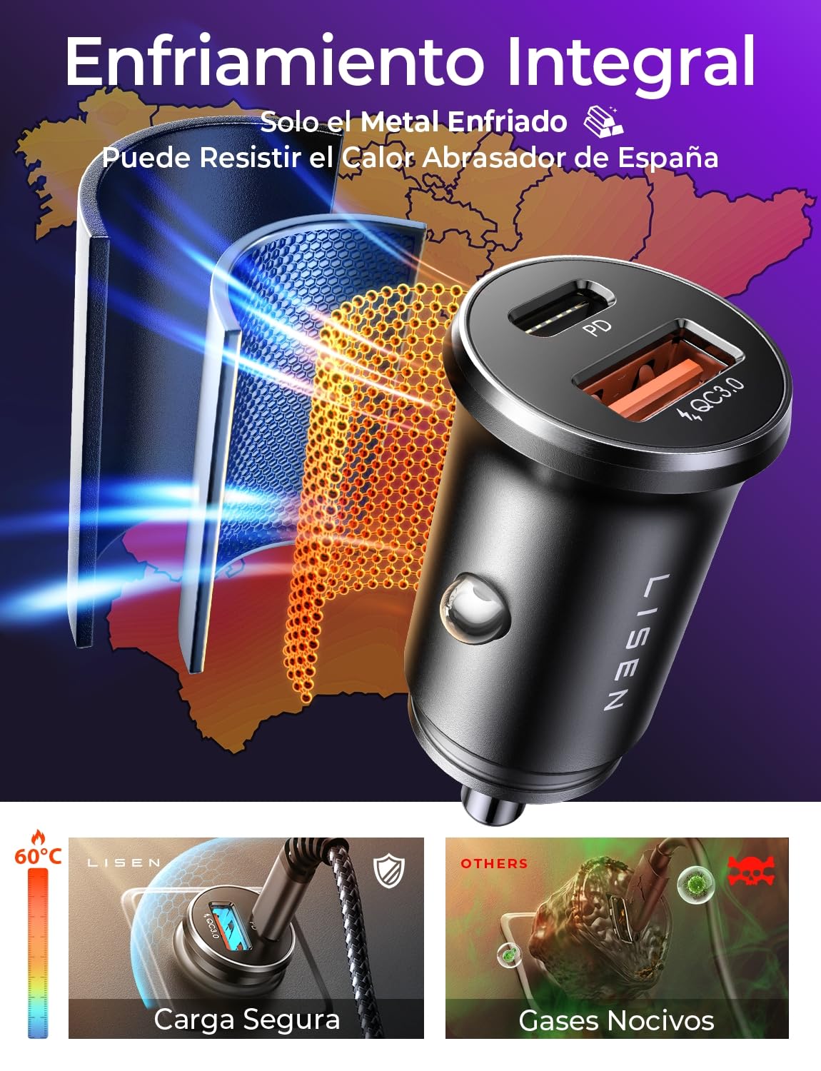 LISEN Cargador Coche Carga Rápida Mechero USB C 69W+60W Cable, Accesorios