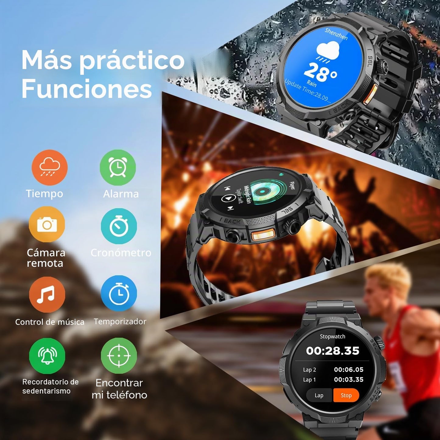Reloj Inteligente Hombre con Linterna, 1.53'' Militar Smartwatch con Batería de 1000mAh, IP68 Reloj Deportivo con Llamadas Bluetooth/Monitor de Sueño/Pulsómetro, 100+Modos Deportivos para Android iOS