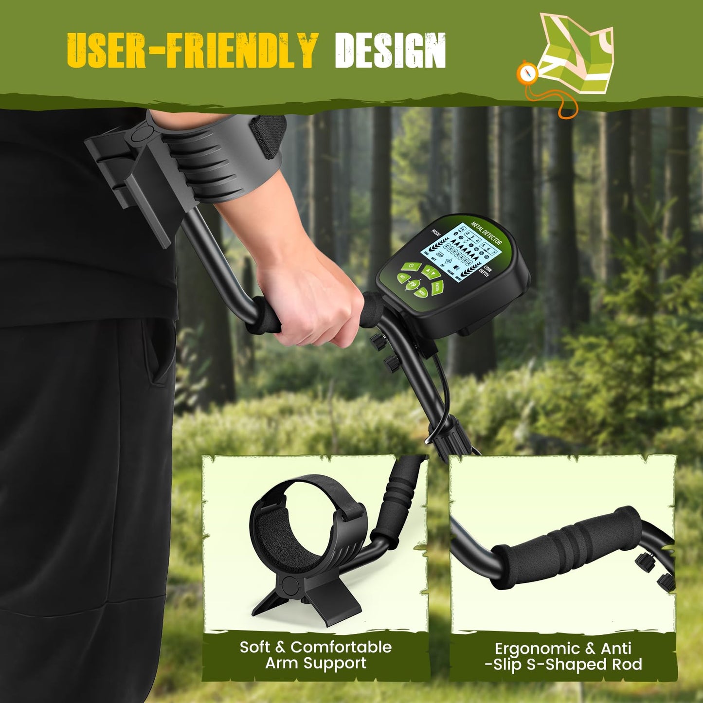 HIUYRFS Detector de Metales Profesional para Adultos y Niños, Longitud Ajustable (113-141 cm), Set de Detector de Metales con Bobina de Búsqueda Resistente al Agua IP68 (Verde)