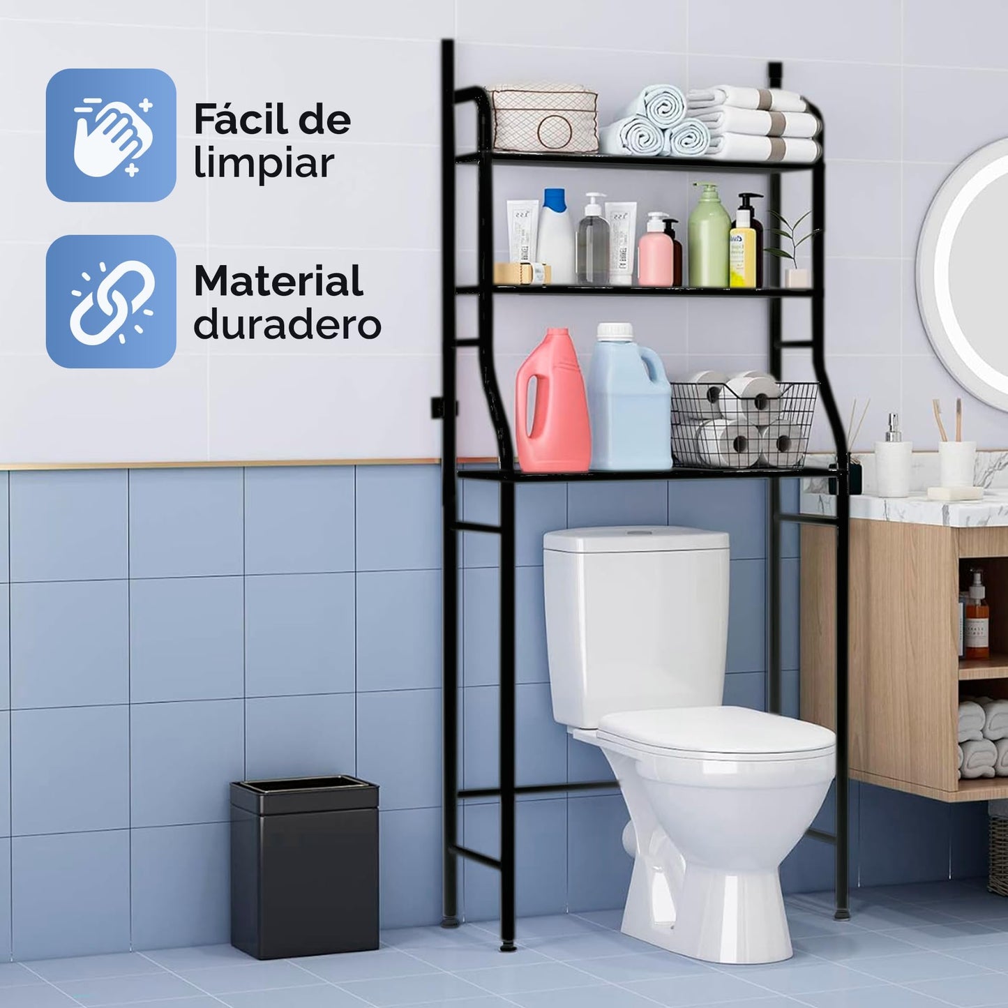 JUPPLIES Estanteria Baño sobre Inodoro (47×26×153 cm) - Mueble Baño WC de 3 Niveles con Patas Regulables y Soporte Antivuelco - Estante de Almacenamiento Impermeable, Organizador para Toallas - Negro