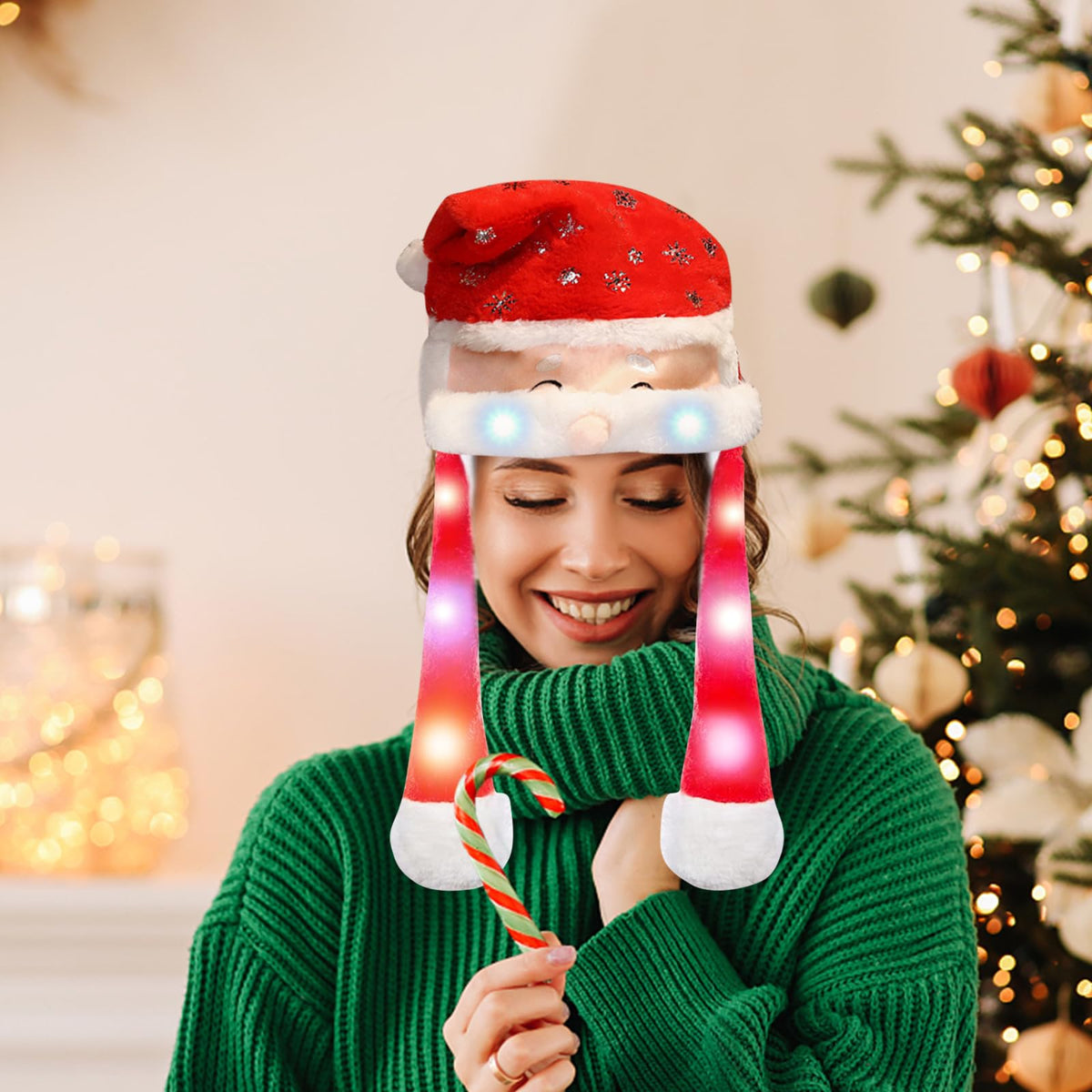 Leonshco Gorro de Navidad para niños, gorro de Papá Noel de peluche para adultos, orejas móviles, gorro de Navidad LED, gorro de Papá Noel para Navidad, fiesta de Navidad, concierto de Navidad (B)