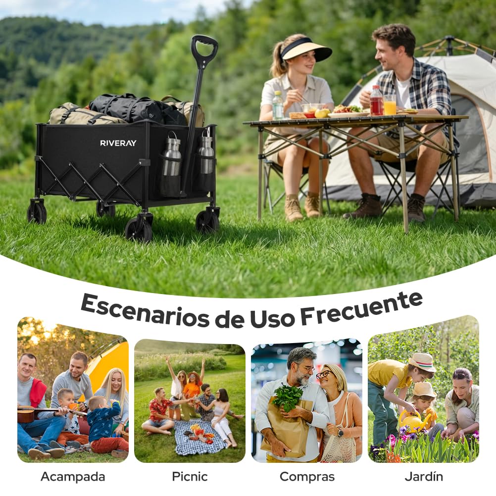 SLIDBEAT 120KG Carro Plegable, Montaje Rápido, Carrito Transporte con 4 Ruedas Todo Terreno 360° Desmontables, Mango Ajustable, para Supermercado Jardín Festivales Playa y Herramientas