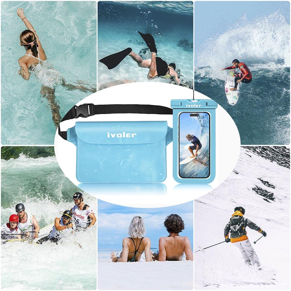 ivoler Set de Bolsa Impermeable con Riñonera de Cintura y Funda Móvil para Playa Natación Canotaje Pesca, Protección para Teléfono Móvil, Cámara, Documento, Pasaporte (Azul menta)