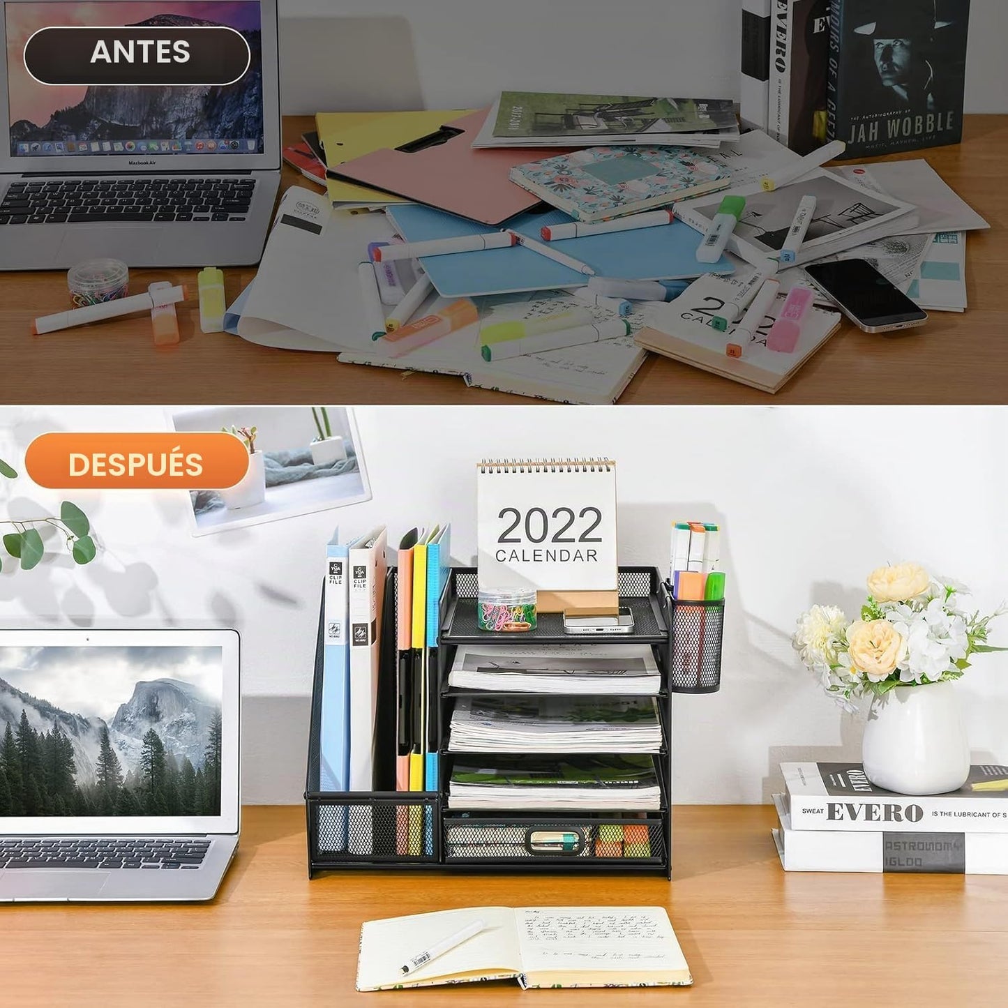 Marbrasse Organizador Escritorio,5 Niveles Bandeja para Cartas con Cajón y 2 Portalápices,Escritorio Organizador con Revistero para Oficina Hogar (Negro con Cajon)