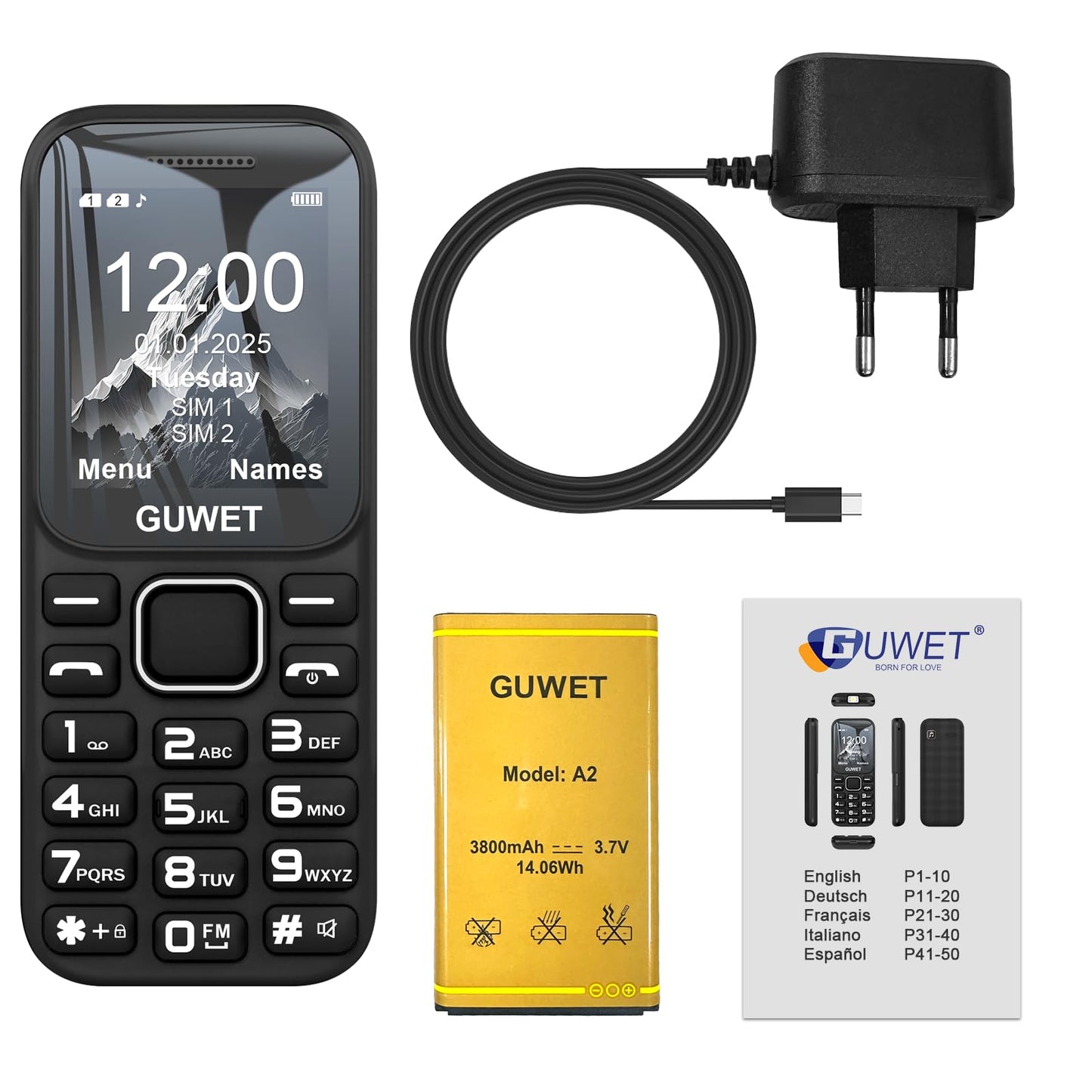 Guwet A2 2G Teléfono Móvil para Personas Mayores, Teclas Grandes, Función SOS, Volumen Alto, Llamada Rápida, Doble SIM Doble Standby, Larga duración de batería, Color Negro