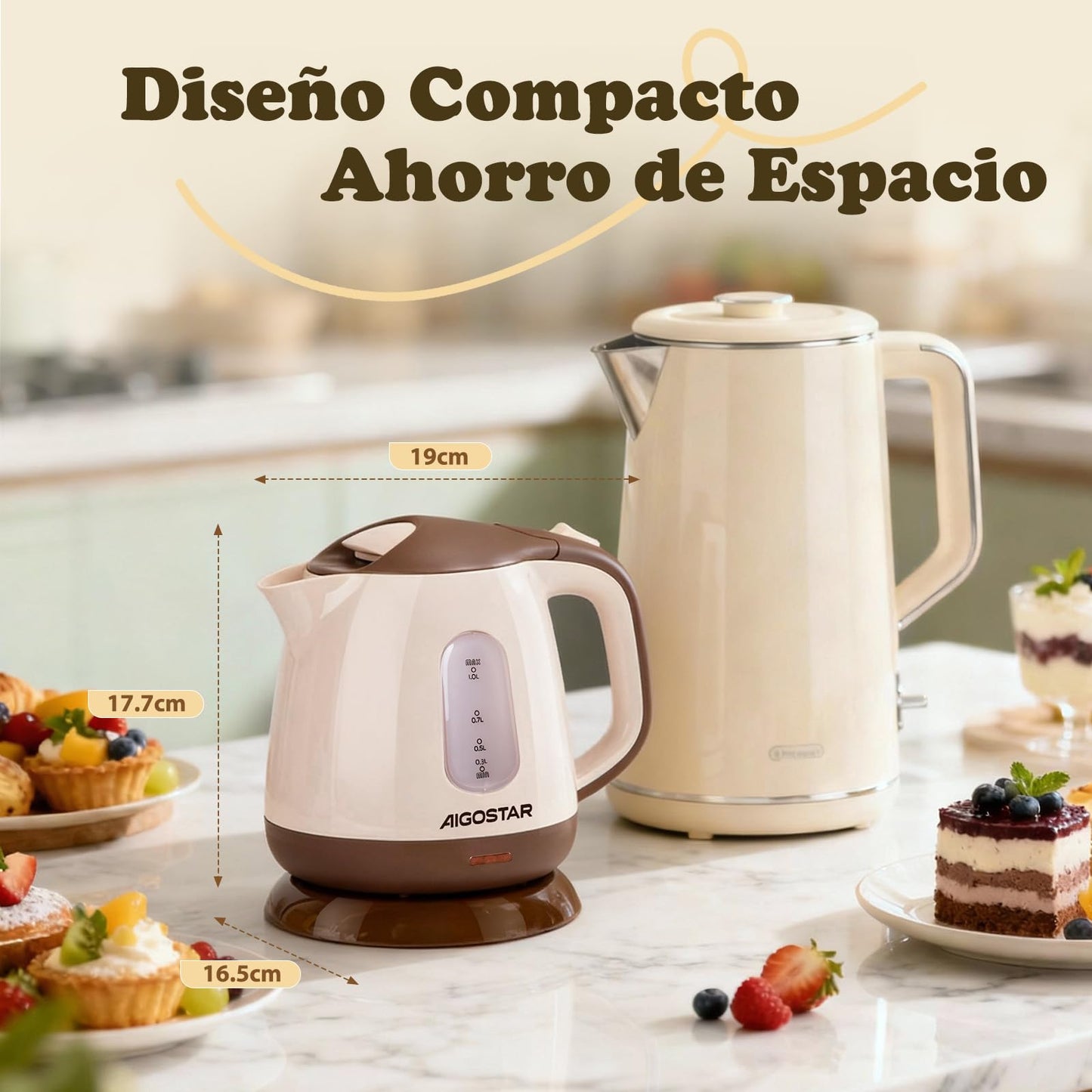 Aigostar Hervidor Agua Electrico Pequeño, Portatil & Compacto, Marrón
