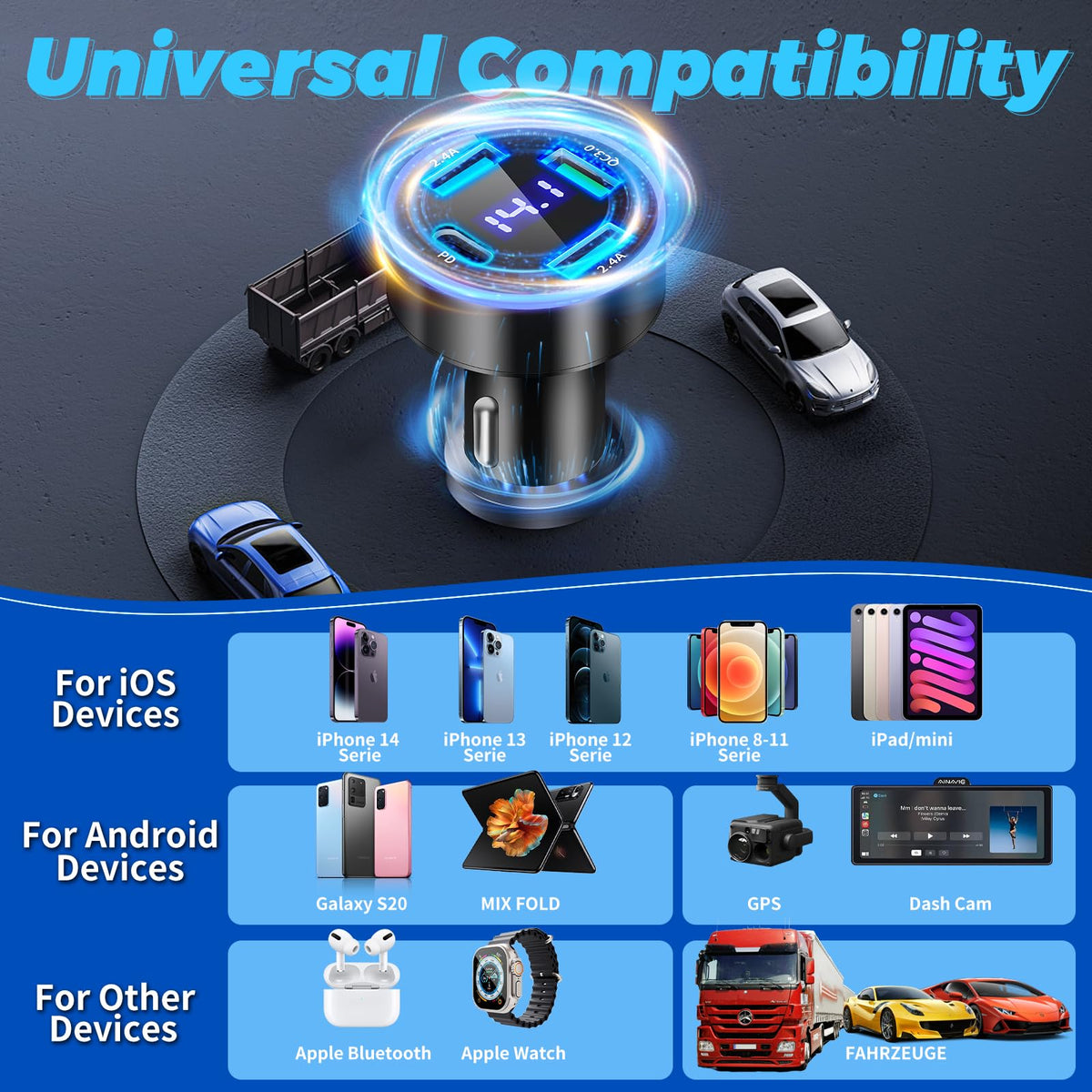 Cargador Móvil Coche 4 Puertos, 50W QC3.0 & PD USB Carga Rápida Con Voltímetro LED Para iPhone, Android, Samsung