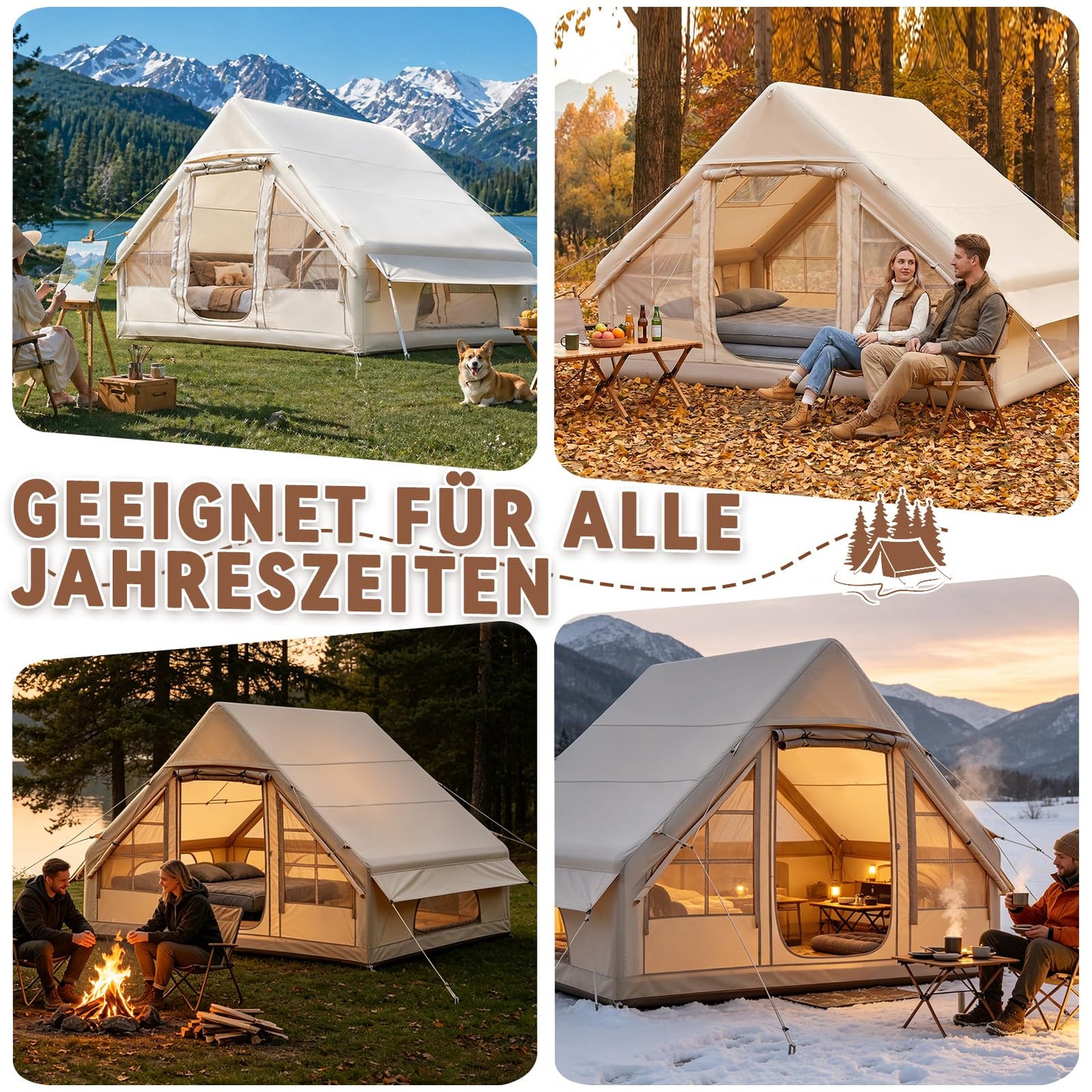 Tienda de campaña Inflable con Apertura de Chimenea y tragaluz, Tienda de campaña para 2-8 Personas con Bomba de Aire, Tienda Inflable de Tela Oxford Impermeable para 4 Estaciones, Montaje rápido