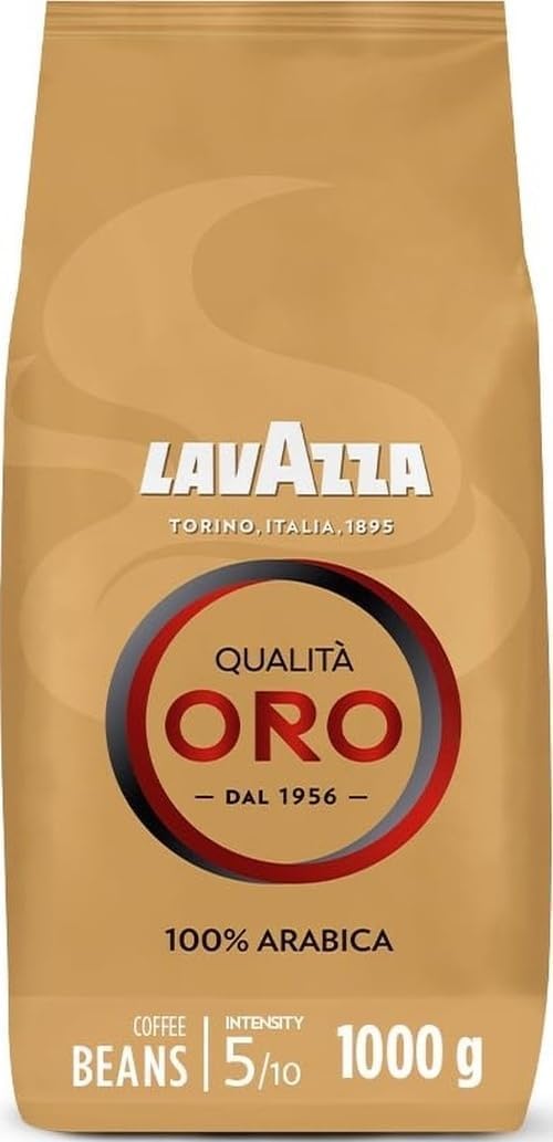 Lavazza, Qualità Oro, Café en Grano Natural, Ideal para la Máquina de Café Espresso, con Notas Aromáticas de Frutas y Flores, 100% Arábica, Intensidad 5, Tueste Medio, Paquete de 1 kg