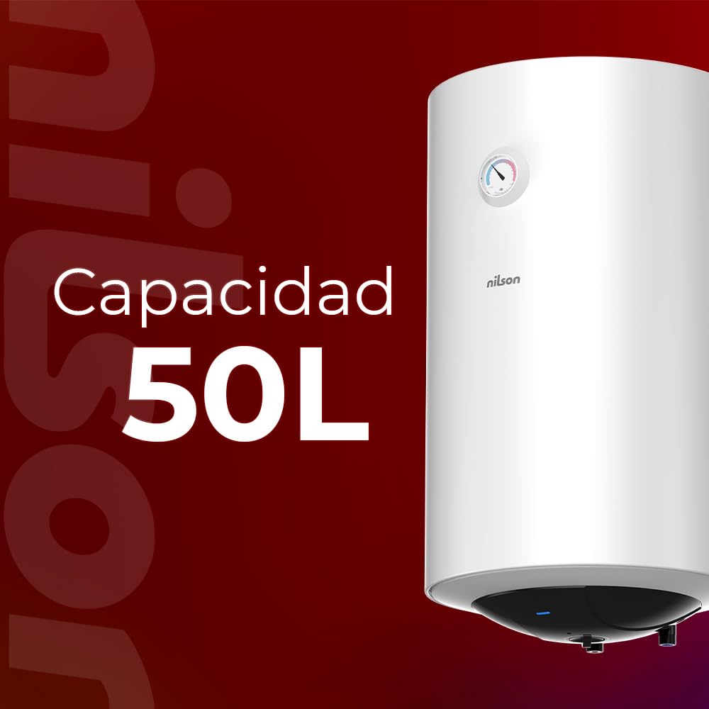 Nilson Termo Eléctrico Vertical 50 L NT5000. Instalación Vertical, 1500W, Incluye Kit de Montaje, Resistencia de Acero Inoxidable, Blanco, Eficiencia Energética Clase C