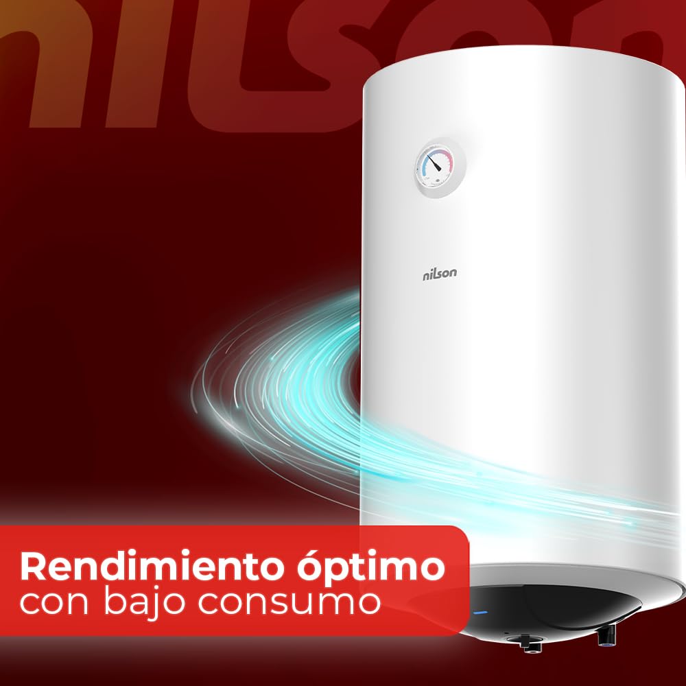 Nilson Termo Eléctrico Vertical 50 L NT5000. Instalación Vertical, 1500W, Incluye Kit de Montaje, Resistencia de Acero Inoxidable, Blanco, Eficiencia Energética Clase C