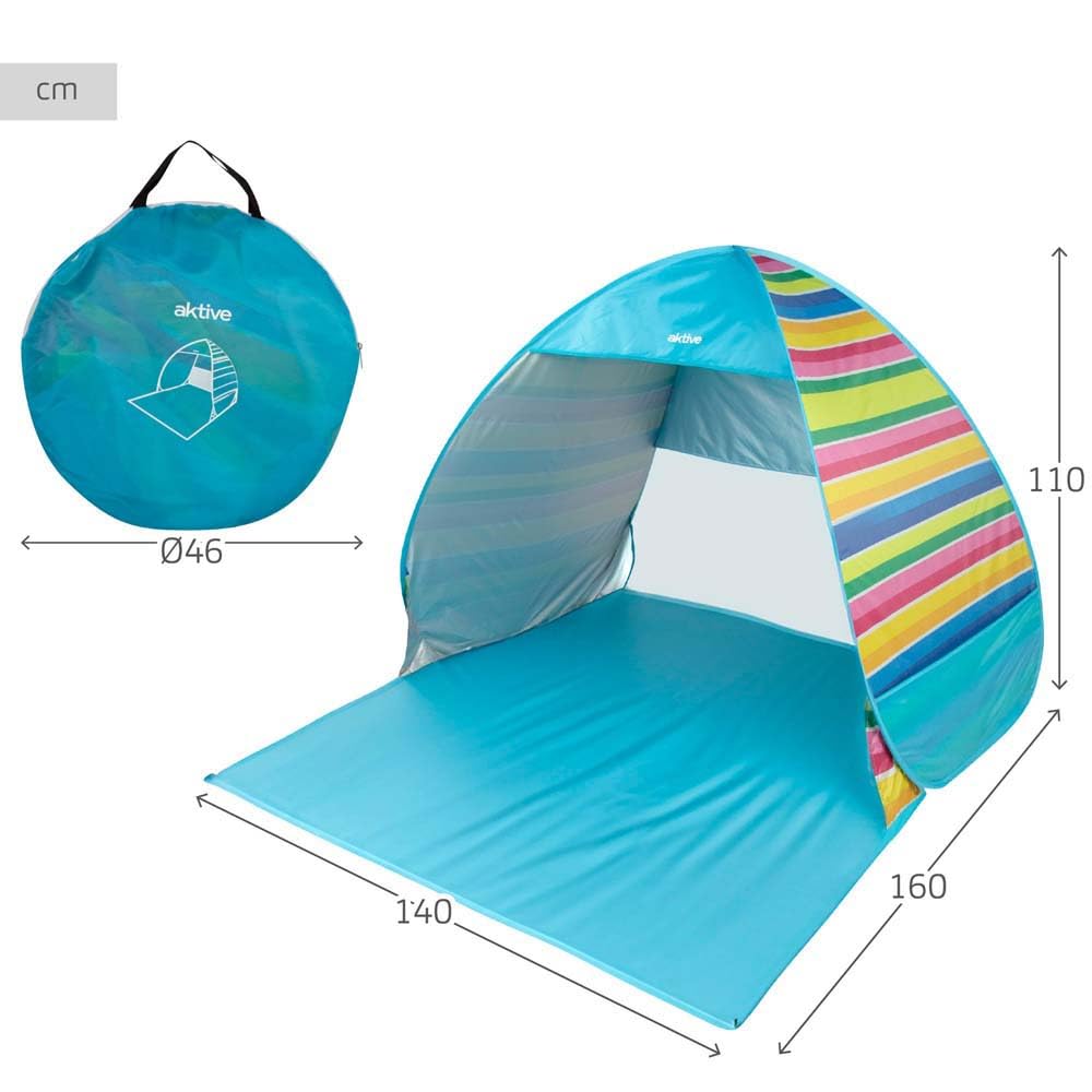 AKTIVE Tienda Playa, Pop up, 140 x 160 x 110 cm, 2 Personas, Protección UV50, Mosquitera Trasera, Columna Agua 300 mm, Poliéster, Bolsa de Transporte, Carpas Plegables (62378)