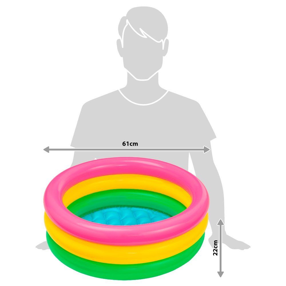 Intex 57107NP - Piscina Redonda hinchable 3 aros +base hinchable 61 x 22 cm, 28 l, Azul, rosa, verde, 1 a 3 años
