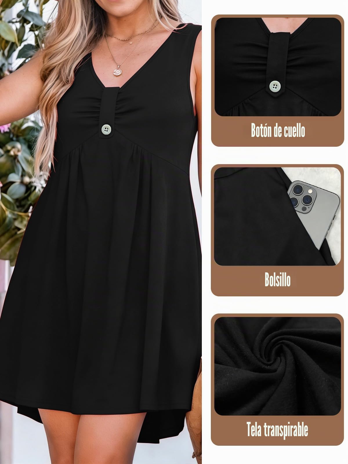 NLAND Vestido de Verano para Mujer sin Mangas con Cuello en V de Línea A Vestidos Casual con Botones y Bolsillo，Negro，L