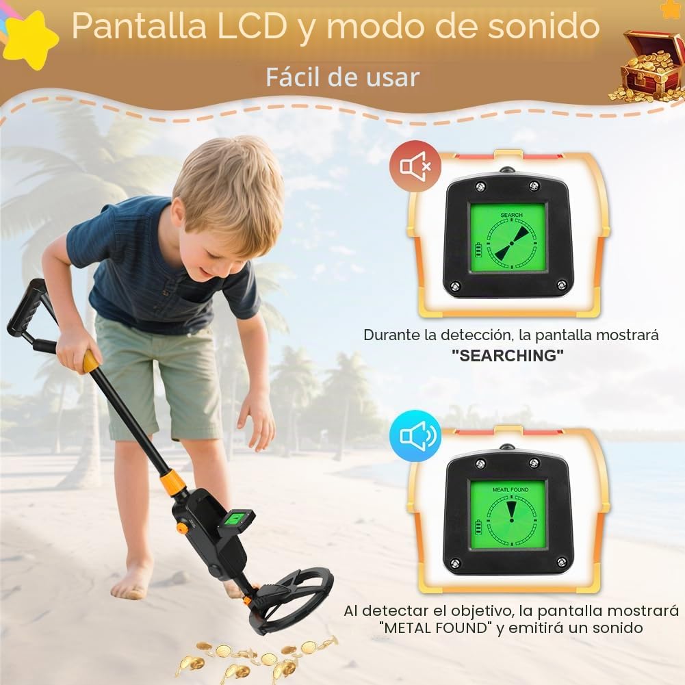 AXFEE Detector de Metales Niños, Detectores de Metale Plegable IP66 con Pantalla LCD e Indicación de Sonido, Detector de Metales de Alta Precisión para Niños o Principiantes（Negro）