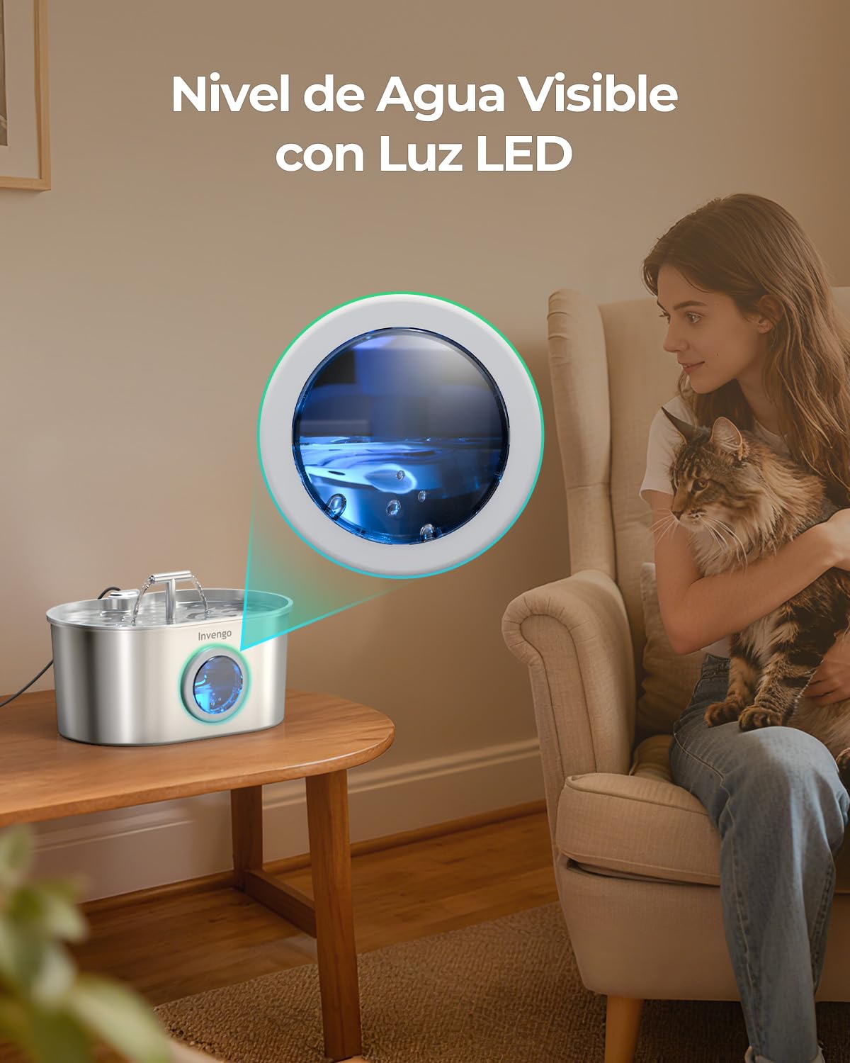Fuente para Gatos Acero Inoxidable Invengo: Dispensador Automático de 2,2 L para Gatos y Perros, Fuente Silenciosa para Felinos con Filtro de 5 Capas, Salidas de Agua Dobles- 4 Filtros + 4 Esponjas