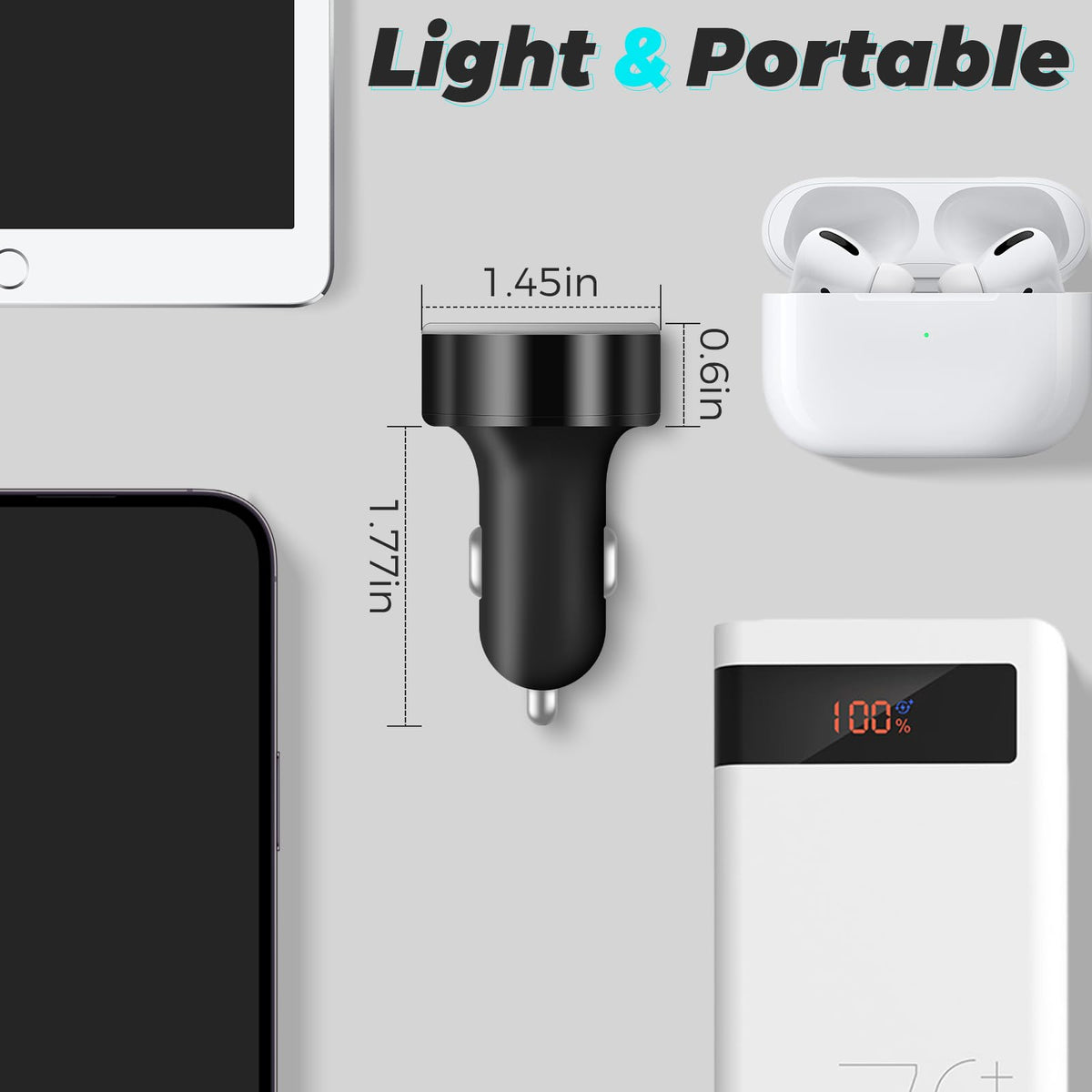 Cargador Móvil Coche 4 Puertos, 50W QC3.0 & PD USB Carga Rápida Con Voltímetro LED Para iPhone, Android, Samsung