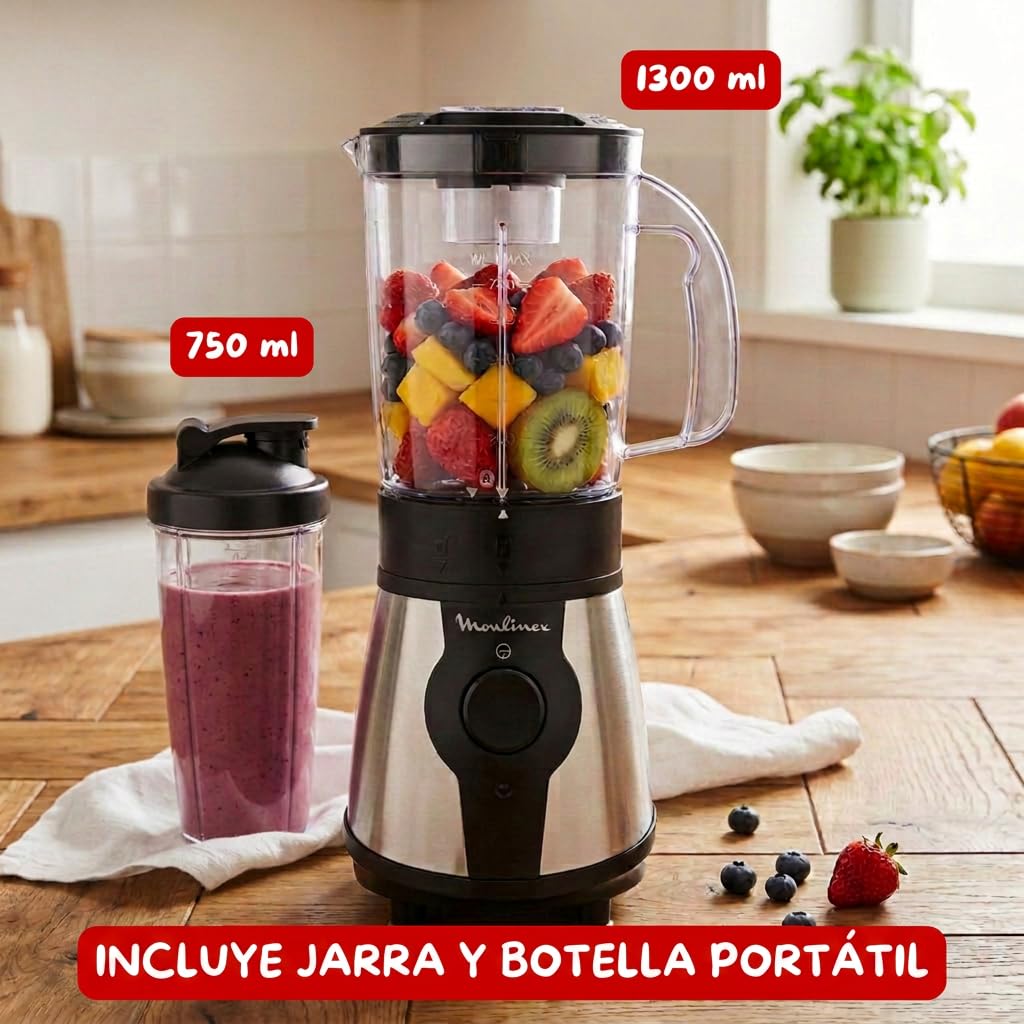 Moulinex Blend & Go, Batidora de vaso 300 W, Jarra de 1,3 L