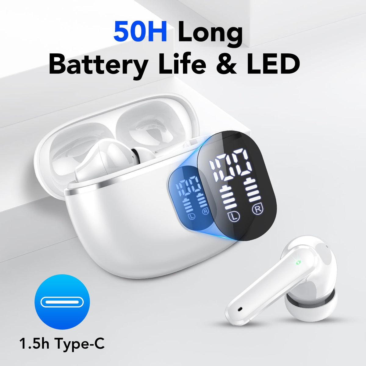 Auriculares Inalámbricos Bluetooth, Auriculares Bluetooth 5.4, 4 HD Mic con Reducción de Ruido ENC, 50H con HiFi Graves, Cascos Inalambricos Bluetooth Deportivos IP7 Impermeable, Ajuste Cómodo Blanco