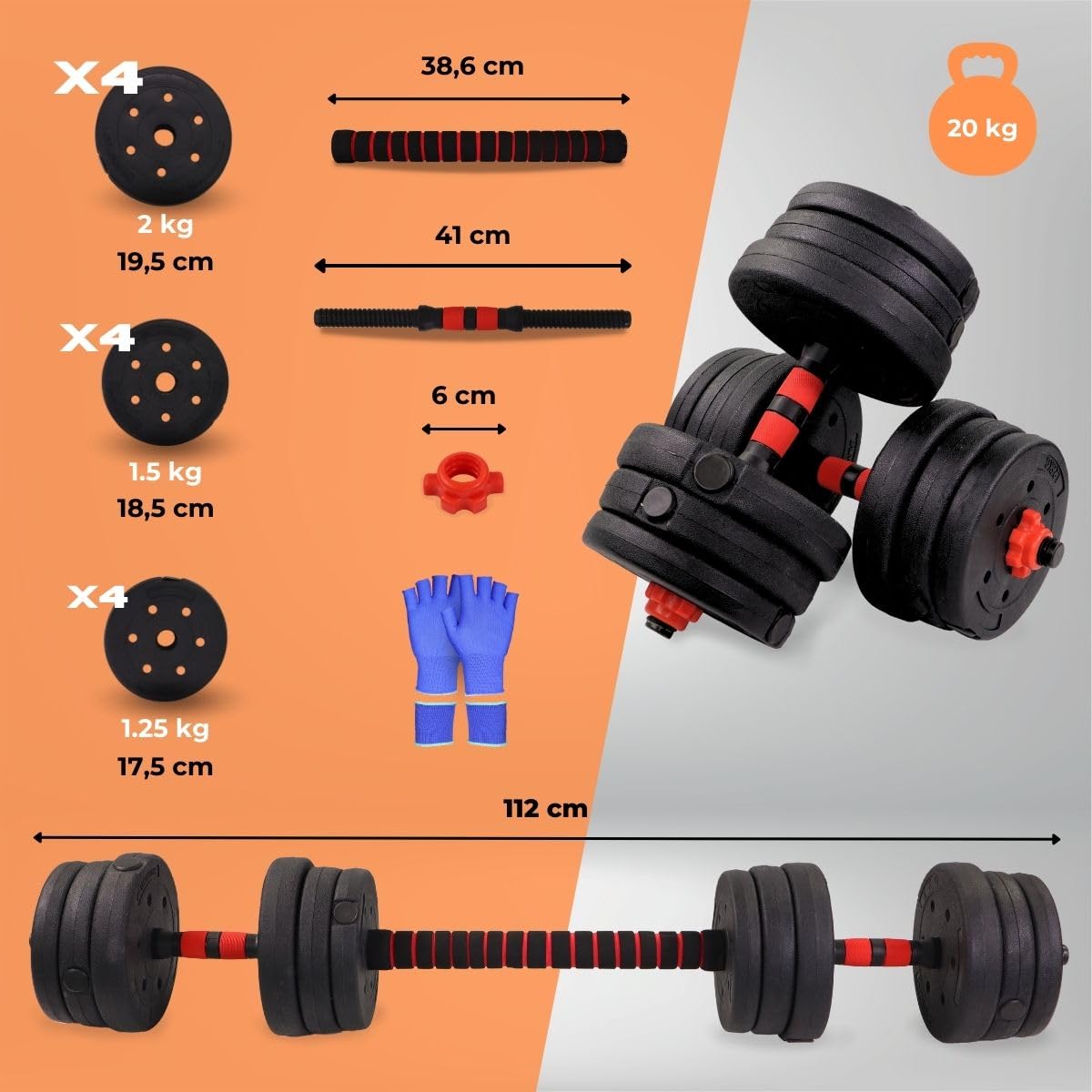 Mobiclinic® fitness, Mancuernas ajustables, 2 en 1, Extenfit, Peso de 2-20 kg, Incluye y barra extensión acolchada, Tuercas antideslizantes, Acero resistente, Gym casa
