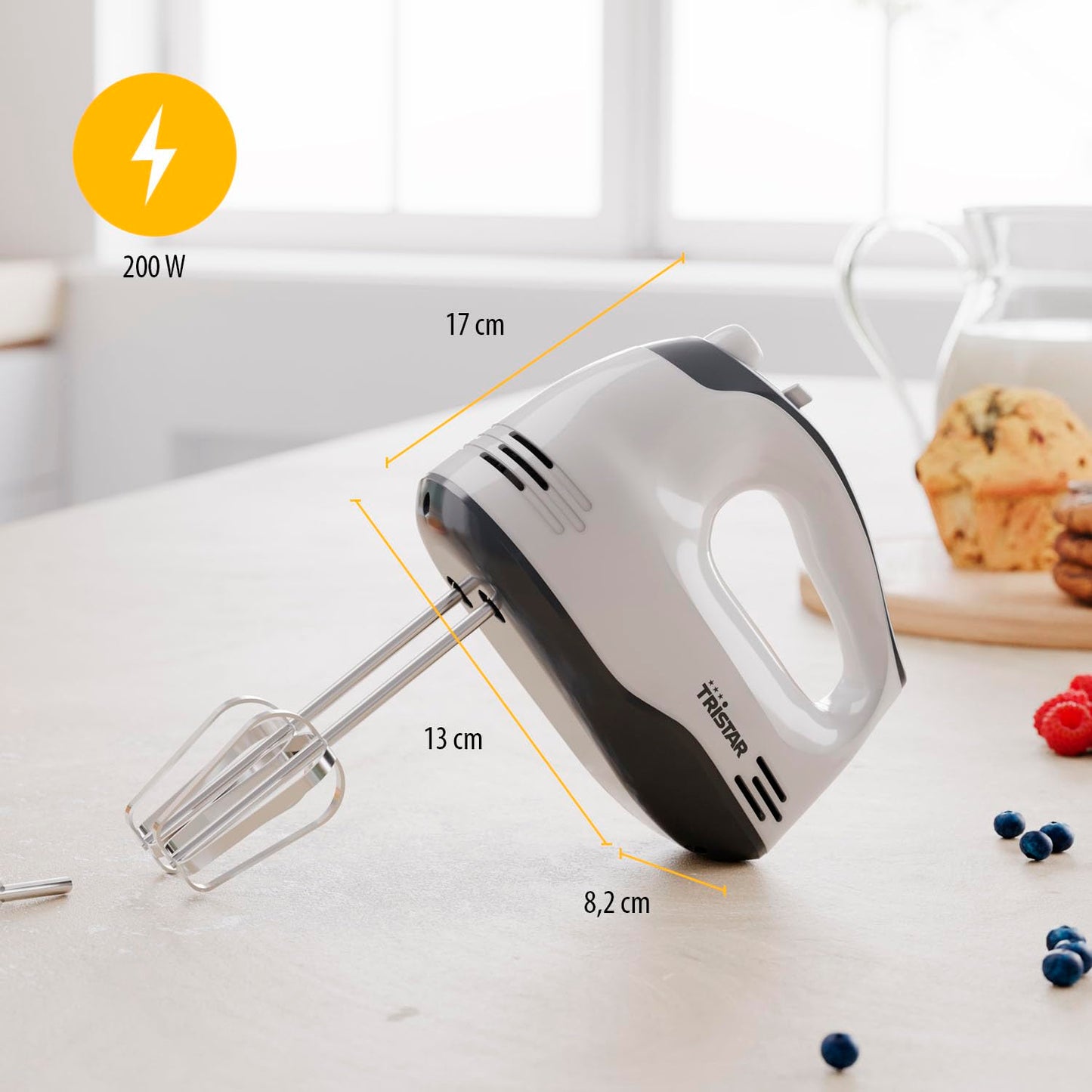 Tristar Batidora manual, 5 Velocidades Ajustables, 200W, Diseño Ergonómico, Accesorios de Acero Inoxidable, Piezas Aptas para Lavavajillas, BPA-Free, Compacta y Fácil de Usar, MX-4203
