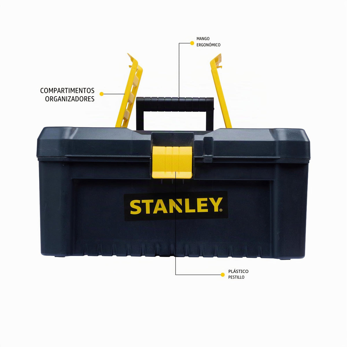 STANLEY Caja de herramientas de plástico con cierre de plástico, 40,6 x 20,5 x 19,5 cm, asa ergonómica, organizadores en la tapa, bandeja interior extraíble, orificio para candado, STST1-75517