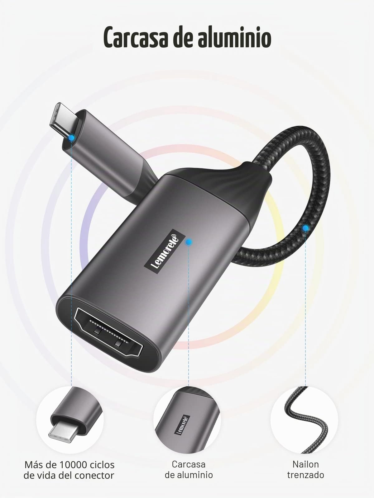 Lemorele Adaptador USB C a HDMI(4K@30 Hz) - USB C HDMI con Carcasa de Aluminio y Cable de Nailon. Adaptador HDMI Compatible con MacBook Air/Pro M1, iPad M1, Teléfono Móvil, Switch, Windows y más