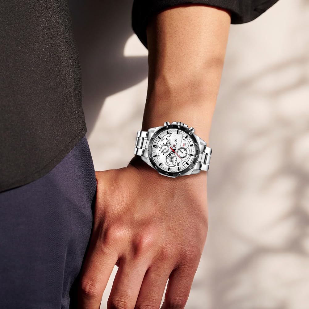 OFFCUP Reloj para Hombre, 50mm Cronografo Impermeable Relojes, Reloj Analógico de Cuarzo con Correa en Acero Inoxidable et Fecha Automática, Negocios Casual Relojes de Pulsera para Hombres (Plata)