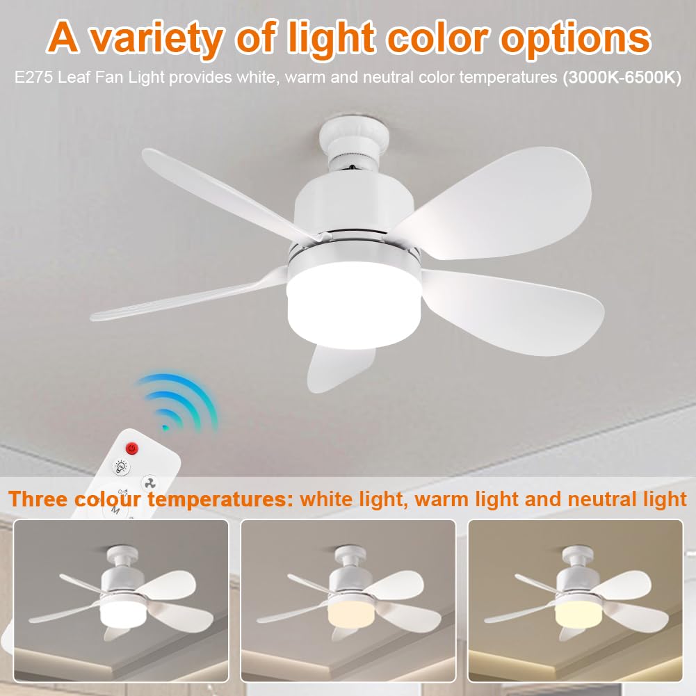 Ventilador de techo con luz y mando a distancia | 52cm/42cm Ventiladores de techo con luces casquillo E27 | Bombilla LED regulable con temporizador silencioso para dormitorio