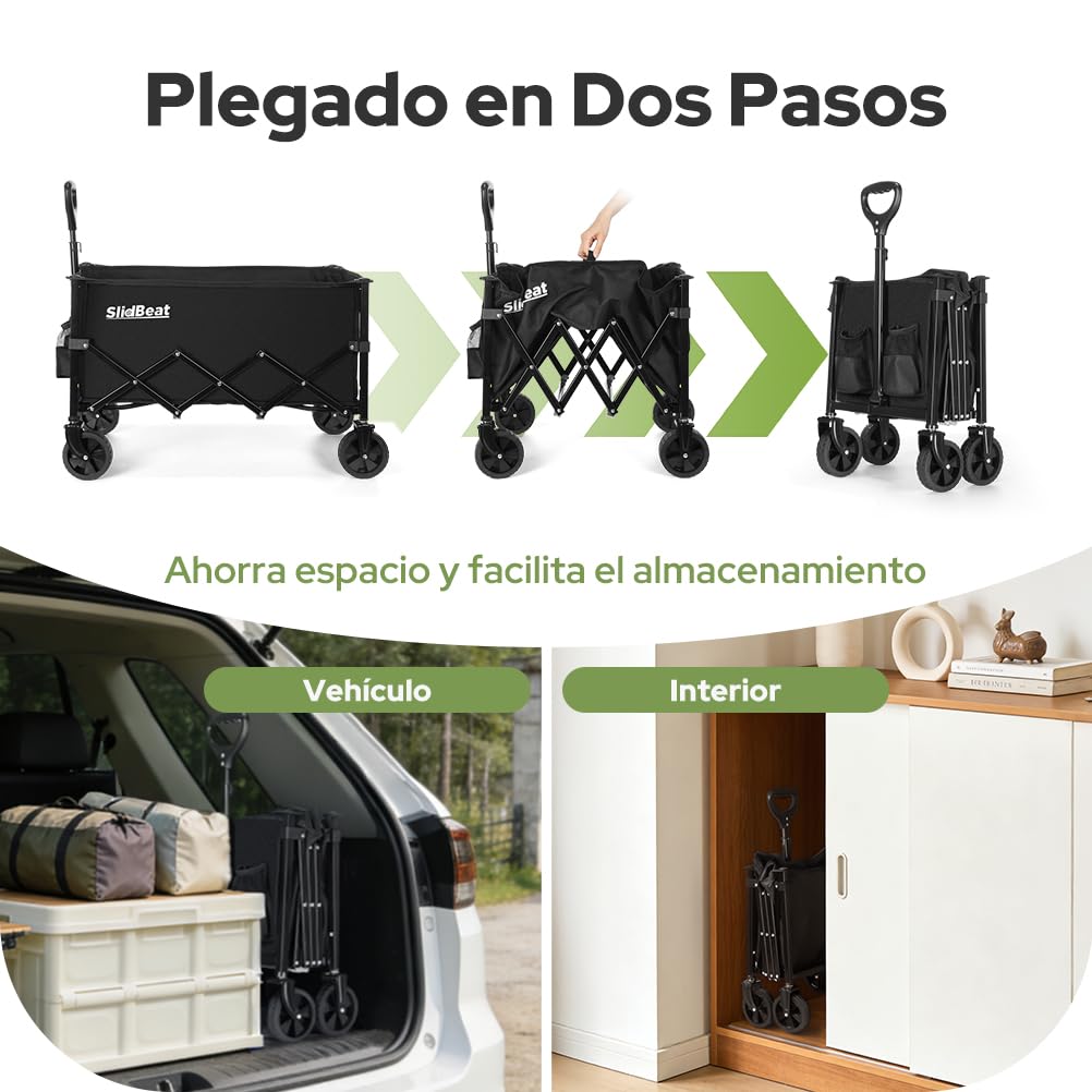SLIDBEAT 120KG Carro Plegable, Montaje Rápido, Carrito Transporte con 4 Ruedas Todo Terreno 360° Desmontables, Mango Ajustable, para Supermercado Jardín Festivales Playa y Herramientas
