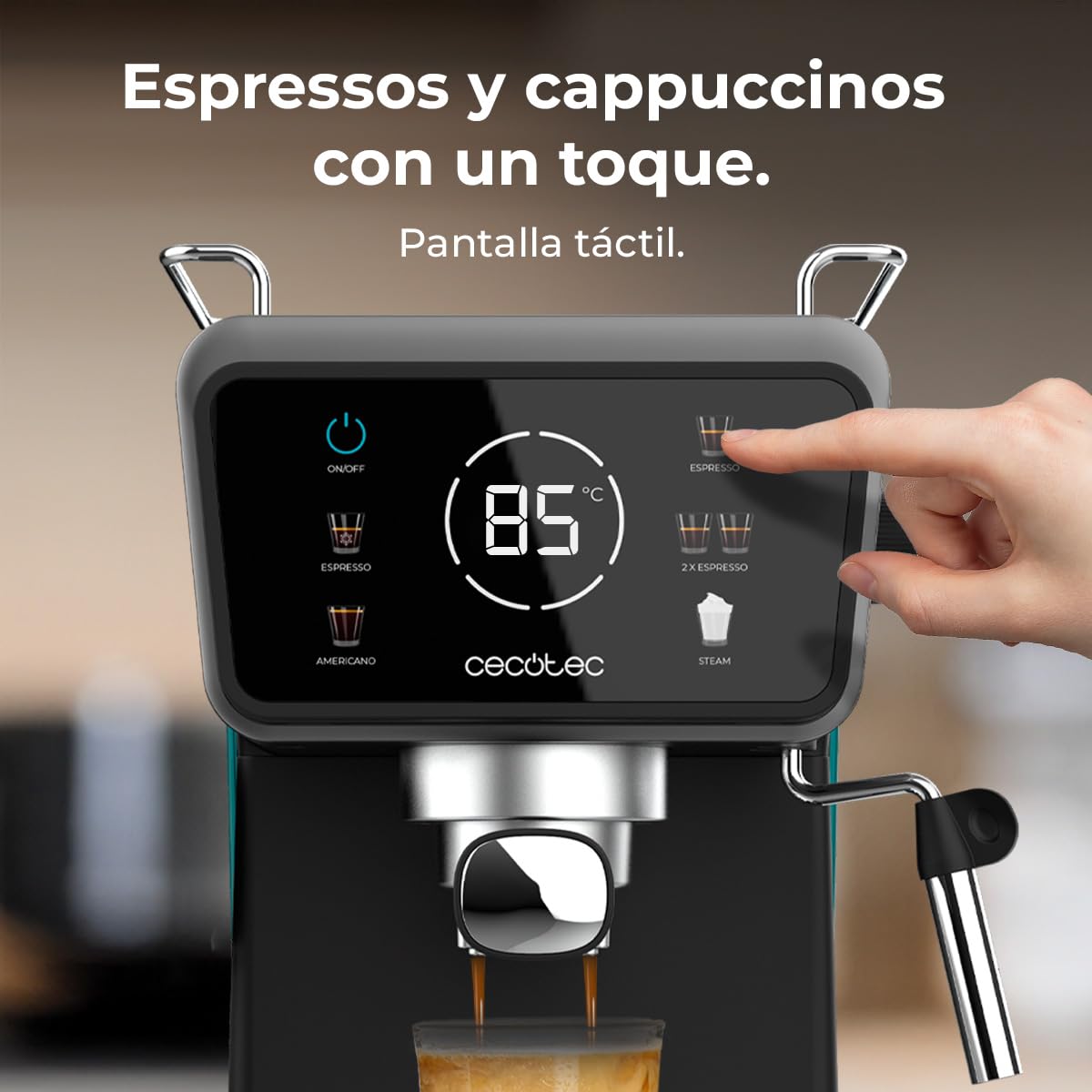 Cecotec Cafetera Express Power Espresso Touch ColdBrew. 1350W, Café en Frío, Espresso y Cappuccino, 20 Bares de Presión, Vaporizador Orientable, Táctil, Depósito de Agua 1,5L y de Leche 550ml
