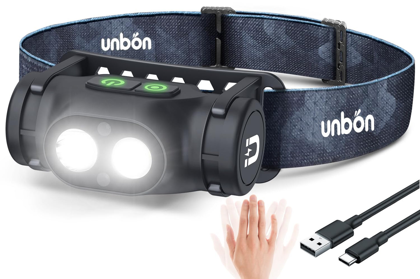 UNBON Linterna Frontal LED Recargable USB C, Linterna Cabeza LED Alta Potencia con 3 Modos de Iluminación, Sensor Movimiento y Base Magnética, Luz Frontal Cabeza Potente Recargable Impermeable IPX4