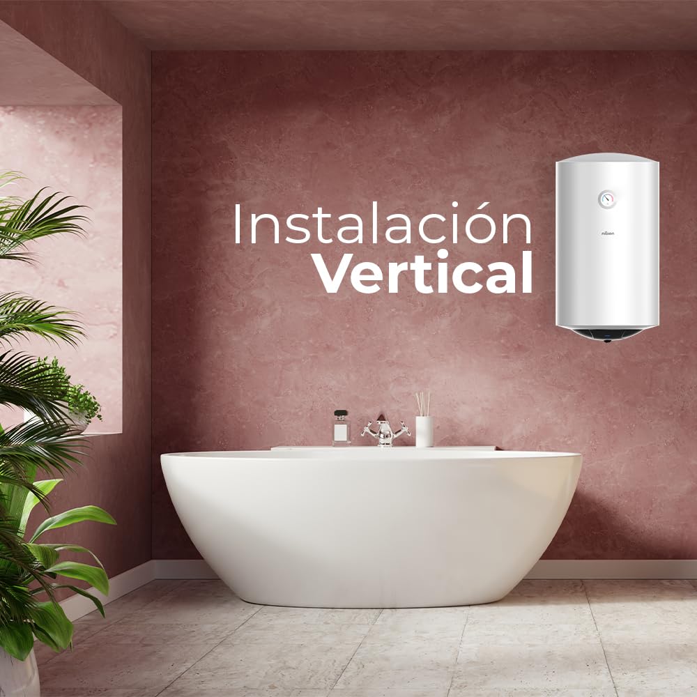Nilson Termo Eléctrico Vertical 50 L NT5000. Instalación Vertical, 1500W, Incluye Kit de Montaje, Resistencia de Acero Inoxidable, Blanco, Eficiencia Energética Clase C