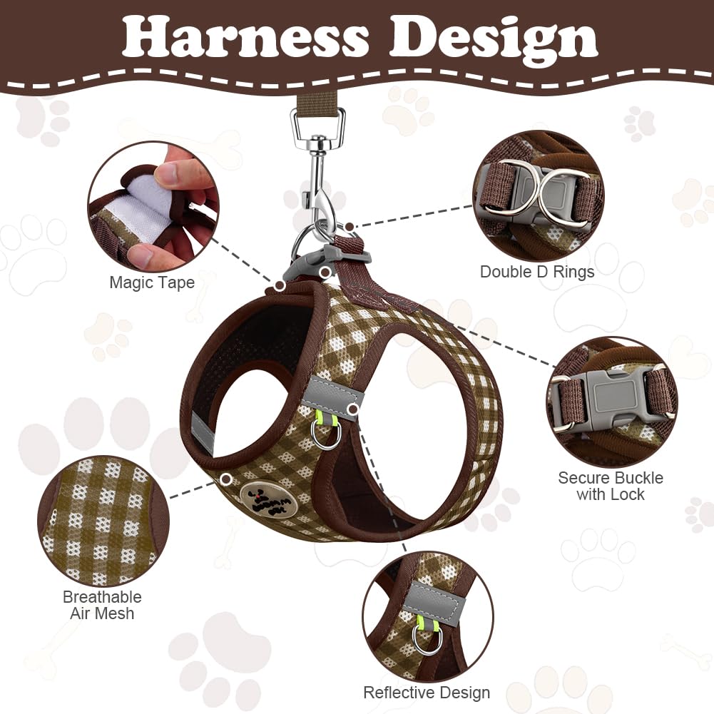 OFFCUP Arnés para Perro y Conjunto de Correa, Arnés Antitirones Reflectante Ajustable, Transpirable Malla Suave Arneses Chaleco para Perro Pequeños Gatos y Cachorros (Marrón, S)