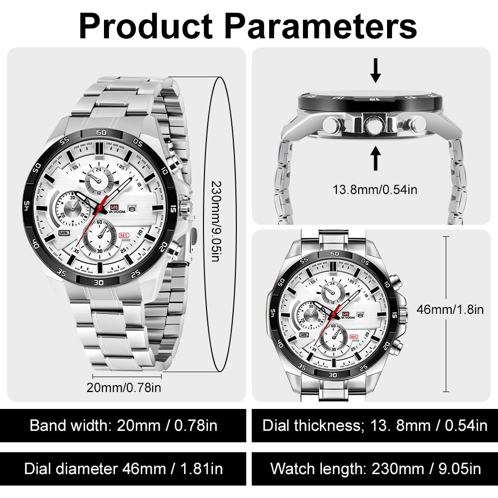 OFFCUP Reloj para Hombre, 50mm Cronografo Impermeable Relojes, Reloj Analógico de Cuarzo con Correa en Acero Inoxidable et Fecha Automática, Negocios Casual Relojes de Pulsera para Hombres (Plata)