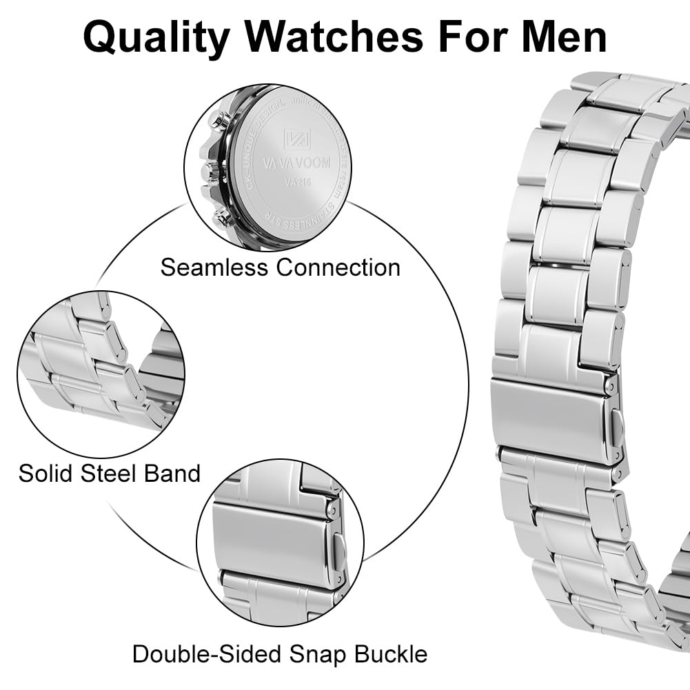 OFFCUP Reloj para Hombre, 50mm Cronografo Impermeable Relojes, Reloj Analógico de Cuarzo con Correa en Acero Inoxidable et Fecha Automática, Negocios Casual Relojes de Pulsera para Hombres (Plata)