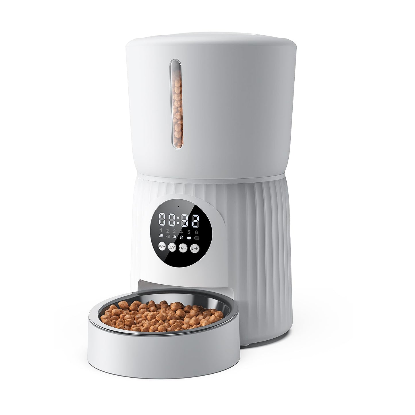 Comedero Gato Automatico, Faroro 4L Dispensador Comida Gatos/Perros con 1 a 6 Comidas Al Día, Control de Porciones, Voz 10s, Alimentación Lenta (Blanco)
