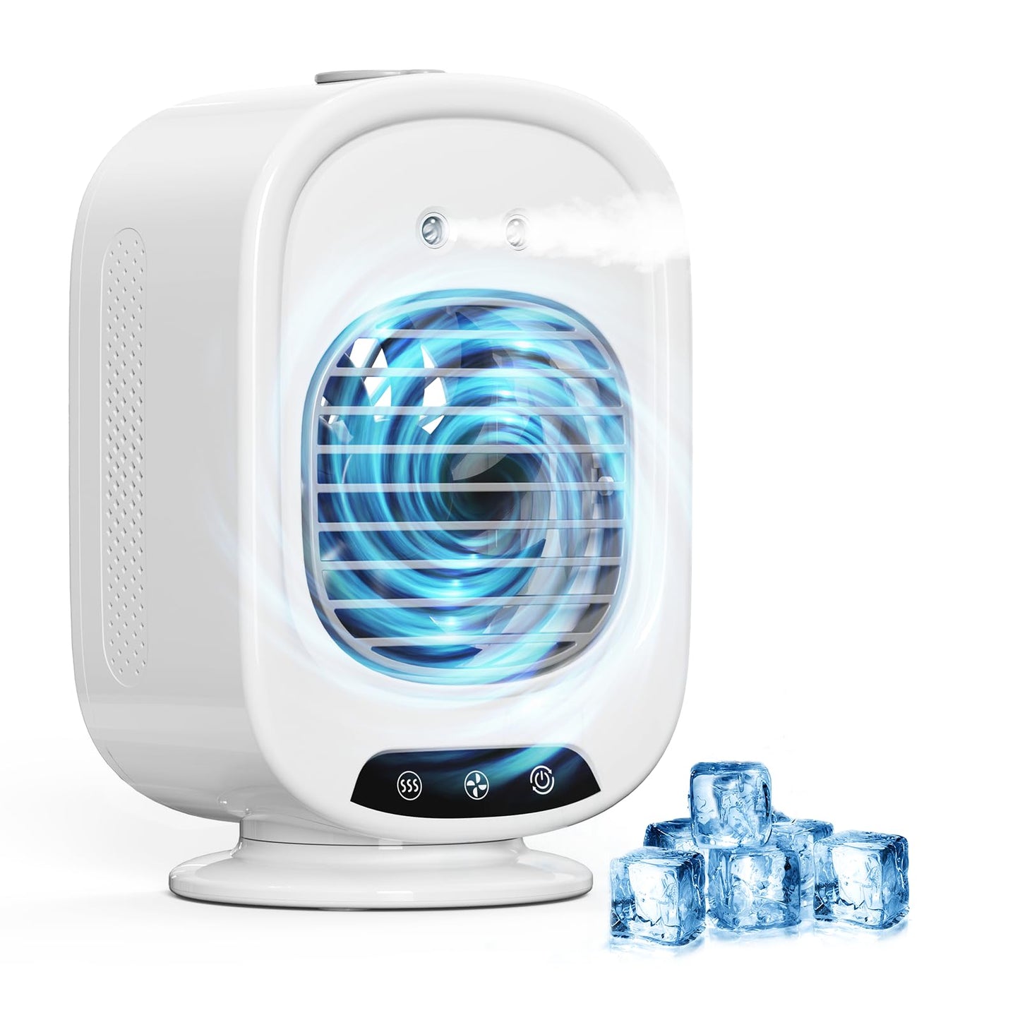 Aire Acondicionado Portatil, Mini Enfriador de Aire Portátil, 4 en 1 USB Recargable con Tanque 300 mL, 3 Velocidades, Adecuado para Dormitorio, Oficina, Camping (Blanco)