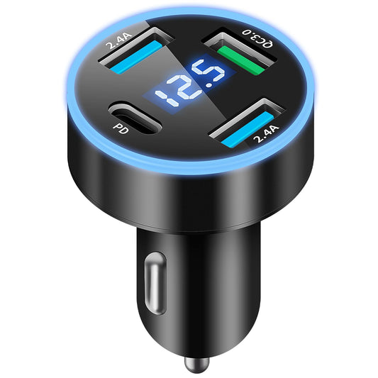 Cargador Móvil Coche 4 Puertos, 50W QC3.0 & PD USB Carga Rápida Con Voltímetro LED Para iPhone, Android, Samsung