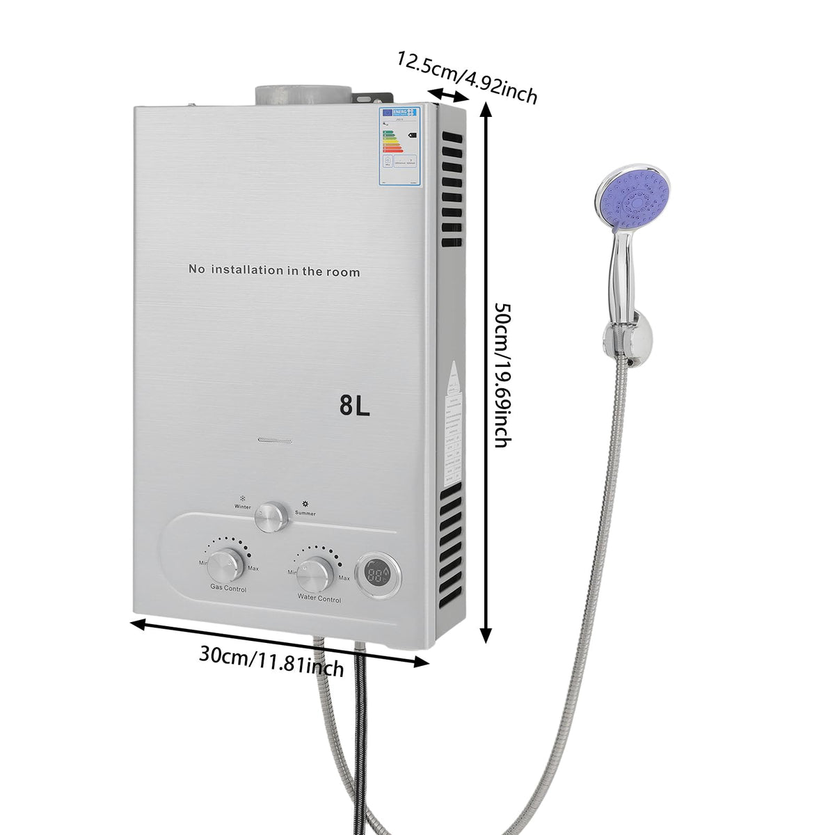 Calentador de agua instantáneo GPL, 16 kW, capacidad 8 l, agua caliente instantánea con alcachofa de ducha y tubo, calentador de agua móvil a gas, para camping, caravana y jardín, alta eficiencia (≥