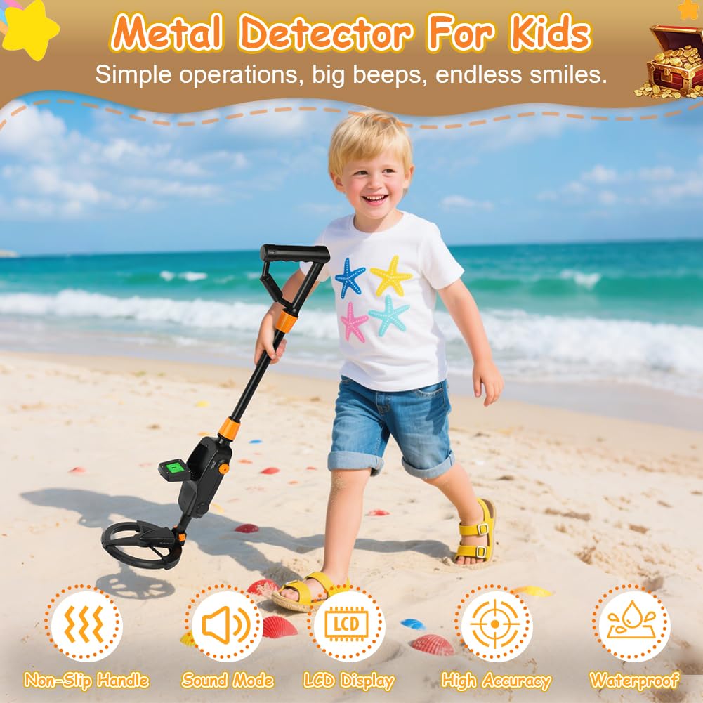 AXFEE Detector de Metales Niños, Detectores de Metale Plegable IP66 con Pantalla LCD e Indicación de Sonido, Detector de Metales de Alta Precisión para Niños o Principiantes（Negro）