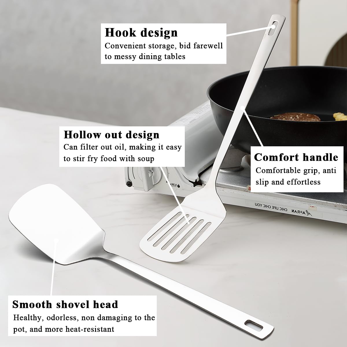 Evanda Juego de utensilios de cocina 6 piezas, acero inoxidable juego de espátulas para herramientas de cocina de alta resistencia, accesorios de cocina esenciales para el hogar