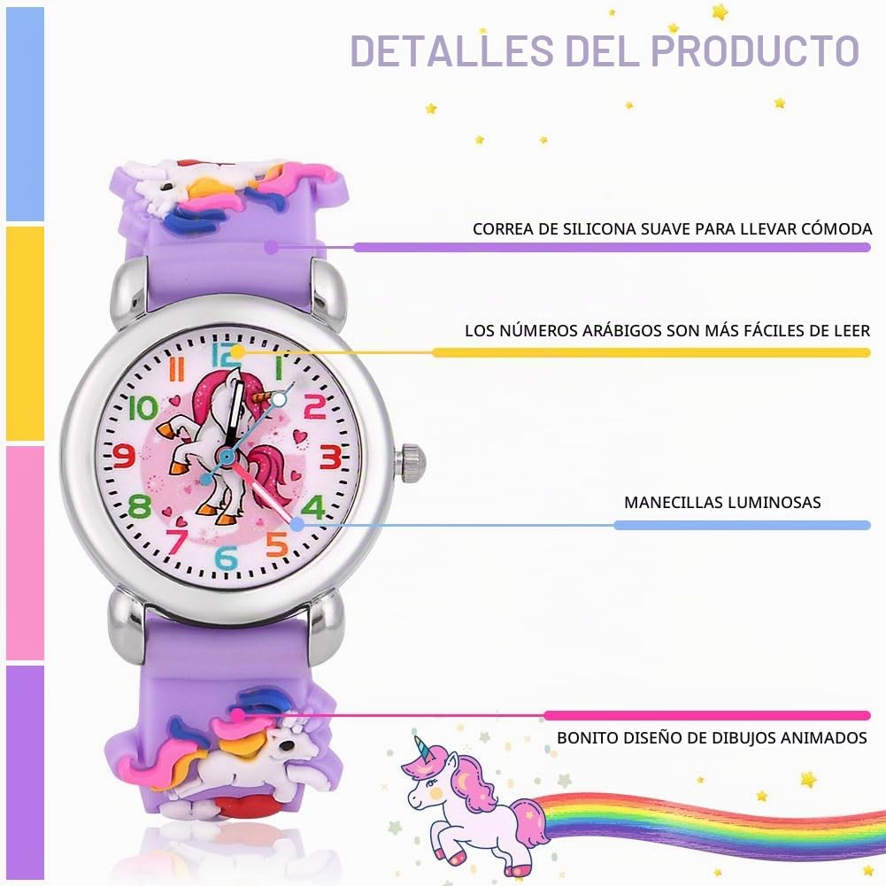 OFFCUP Reloj Analógico de Pulsera para Niños, Relojes de Cuarzo con Dibujos 3D para Niños 3-11 Años (Unicornio Morado)