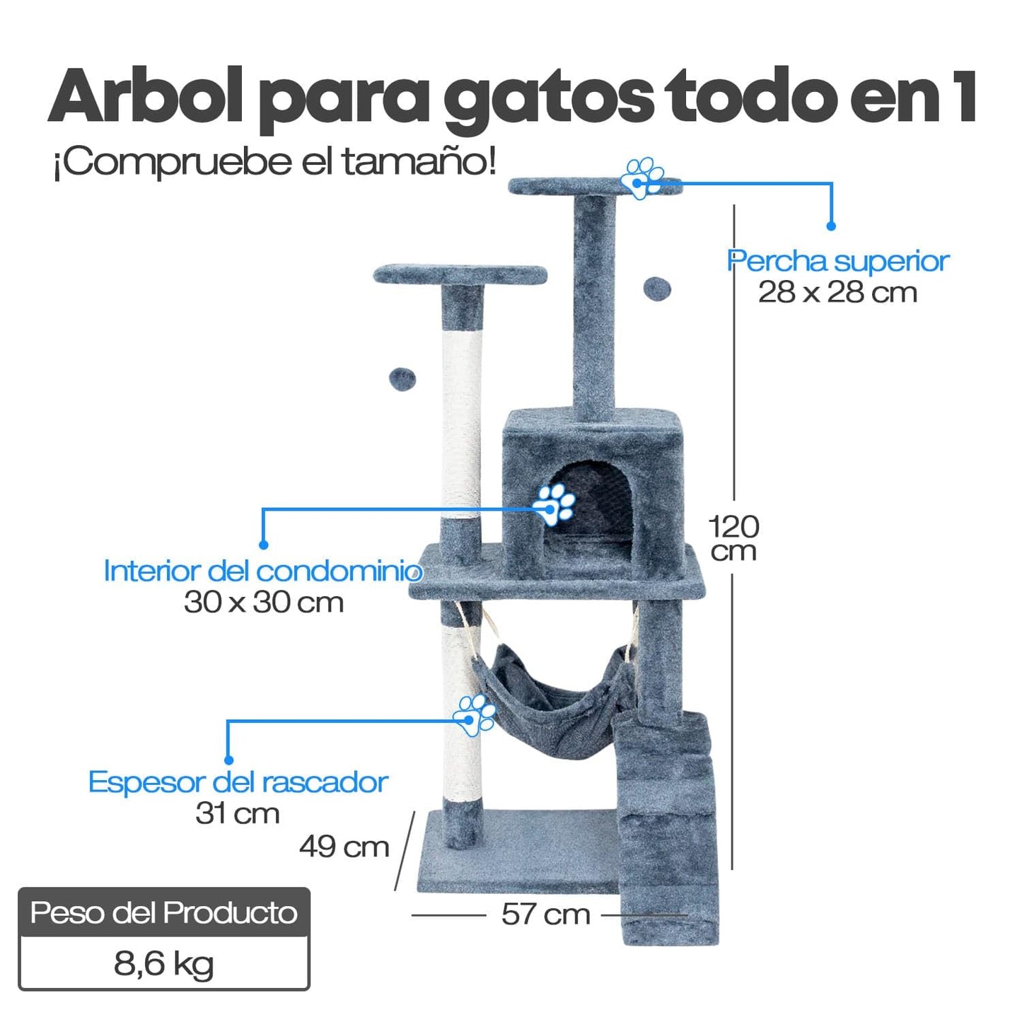 Edipets, Rascador para Gatos, Arbol Gato, 3 Niveles, 56x120x58cm, Alto, Postes de Sisal, Hamaca, con Cama, Caseta, Suave, con Bolas para Jugar (Gris)
