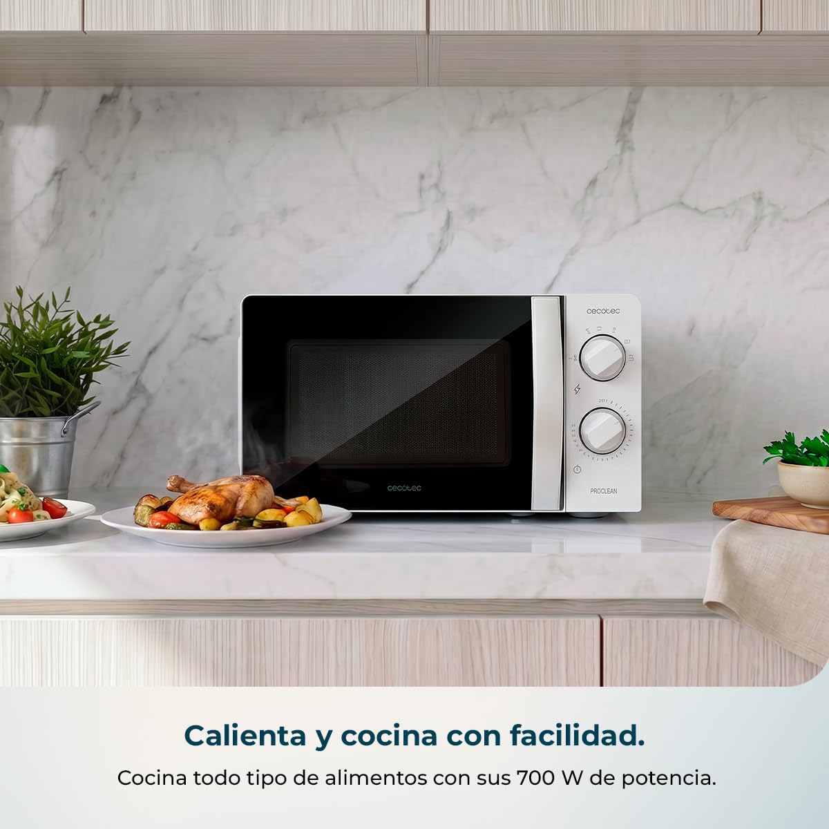 Cecotec Microondas 20L Proclean 2010 Wave. 700 W de Potencia, 20L de Capacidad, Tecnología 3DWave, Modo Descongelación, 6 Niveles de Potencia, Temporizador 30 mins, Diseño Compacto
